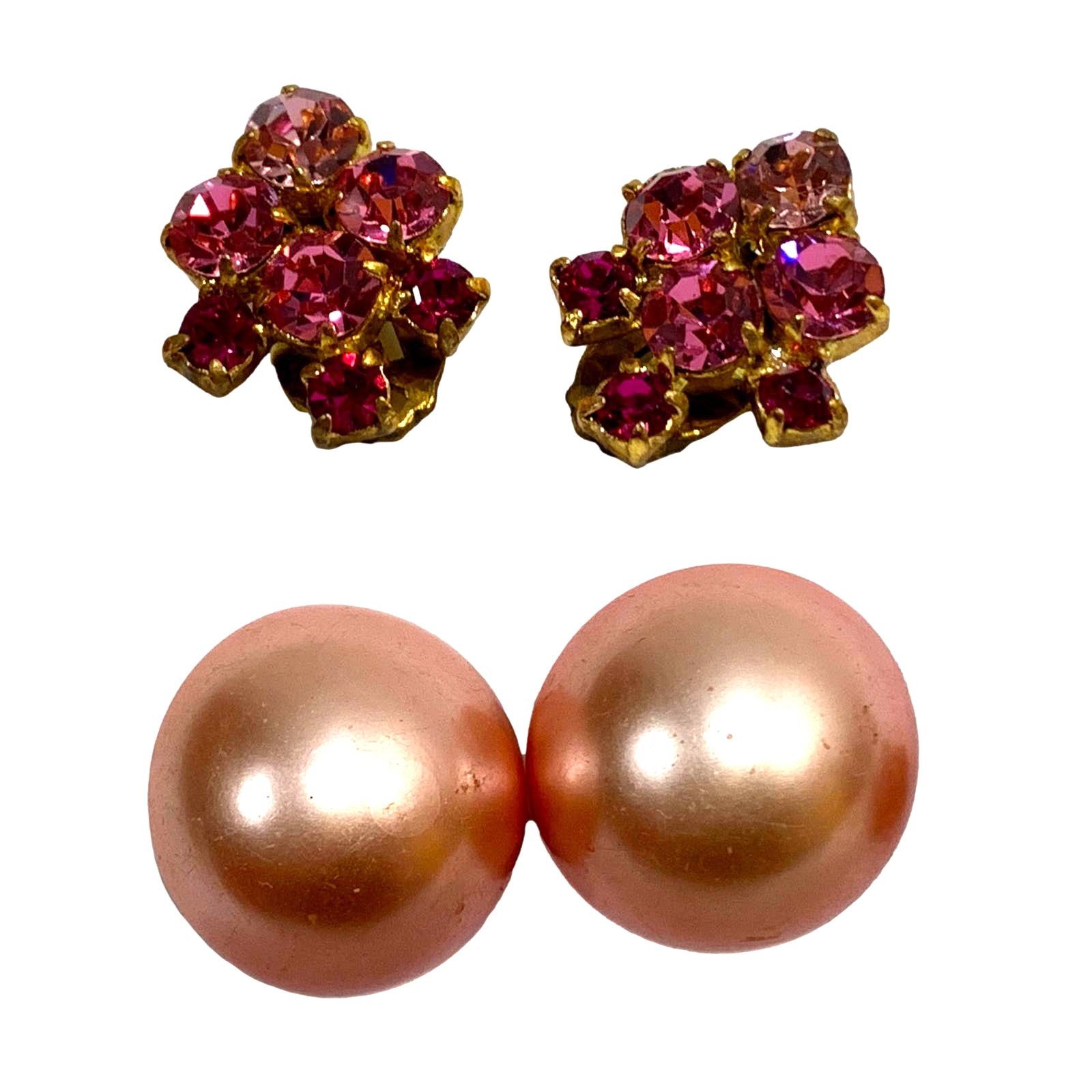Vintage 2 Pair Pink 50s Earrings Austria Rhinestone Japan Dome Size ONE SIZE - 1 Thumbnail
