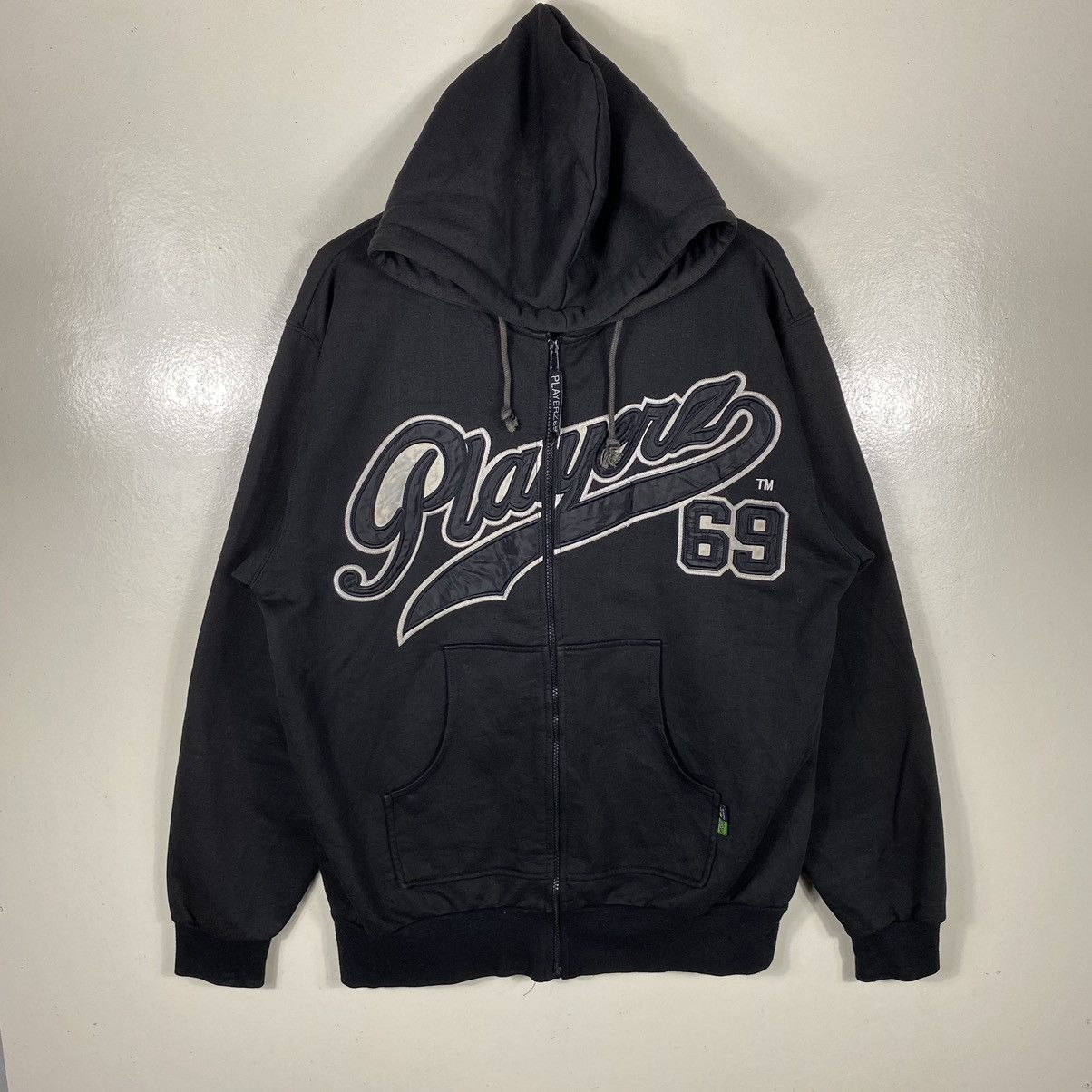 image of Vintage Playerz 69 Zipper Hoodie Sweatshirt in Black, Men's (Size XL)