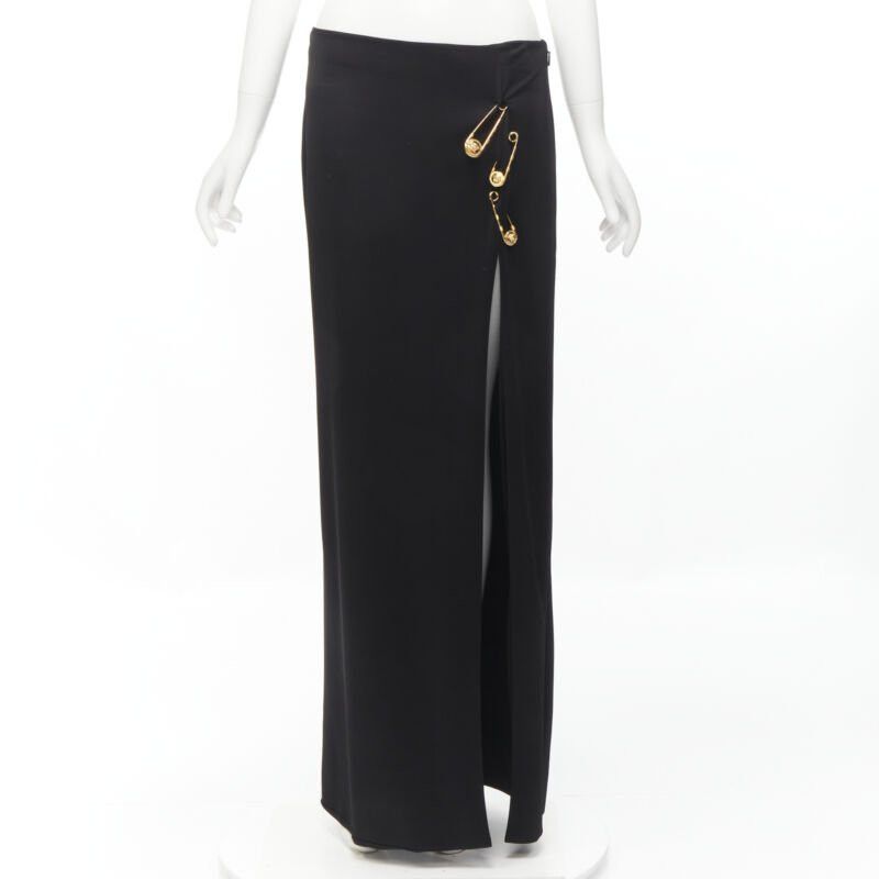 Versace new VERSACE gold Medusa safety pin black viscose high slit skirt IT44 L Size 30" / US 8 / IT 44 - 1 Thumbnail