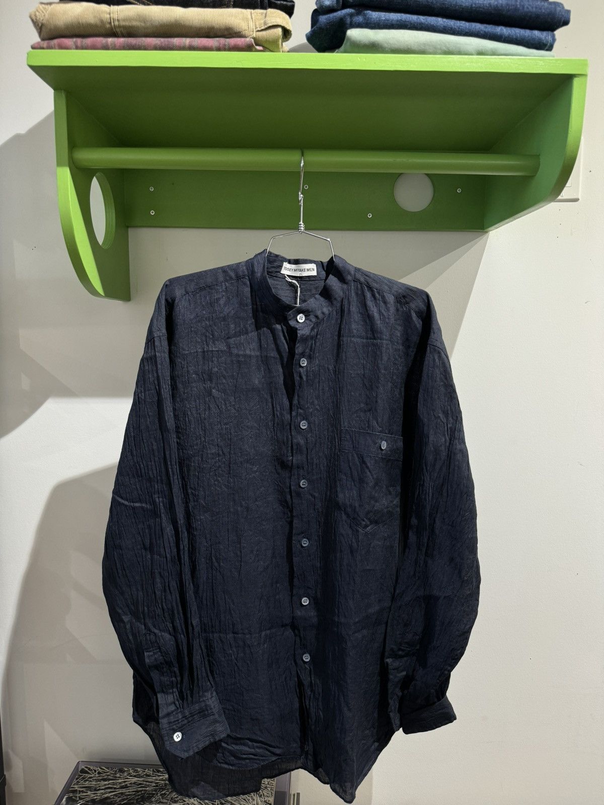 image of Issey Miyake Men Crinkled Linen Shirt Dark Blue in Navy (Size XL)