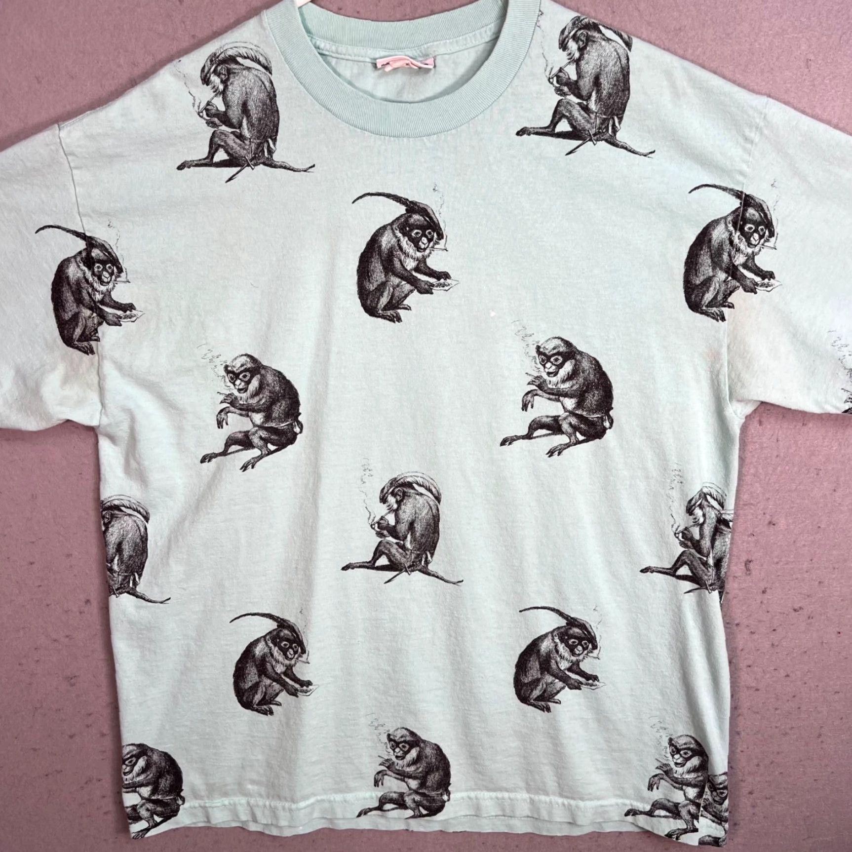 Vintage VINTAGE Akomplice T-Shirt Monkey Print Adult Mens Large Mint Green Shirt Short Sleeve Crew Neck 90s? Size US L / EU 52-54 / 3 - 5 Thumbnail