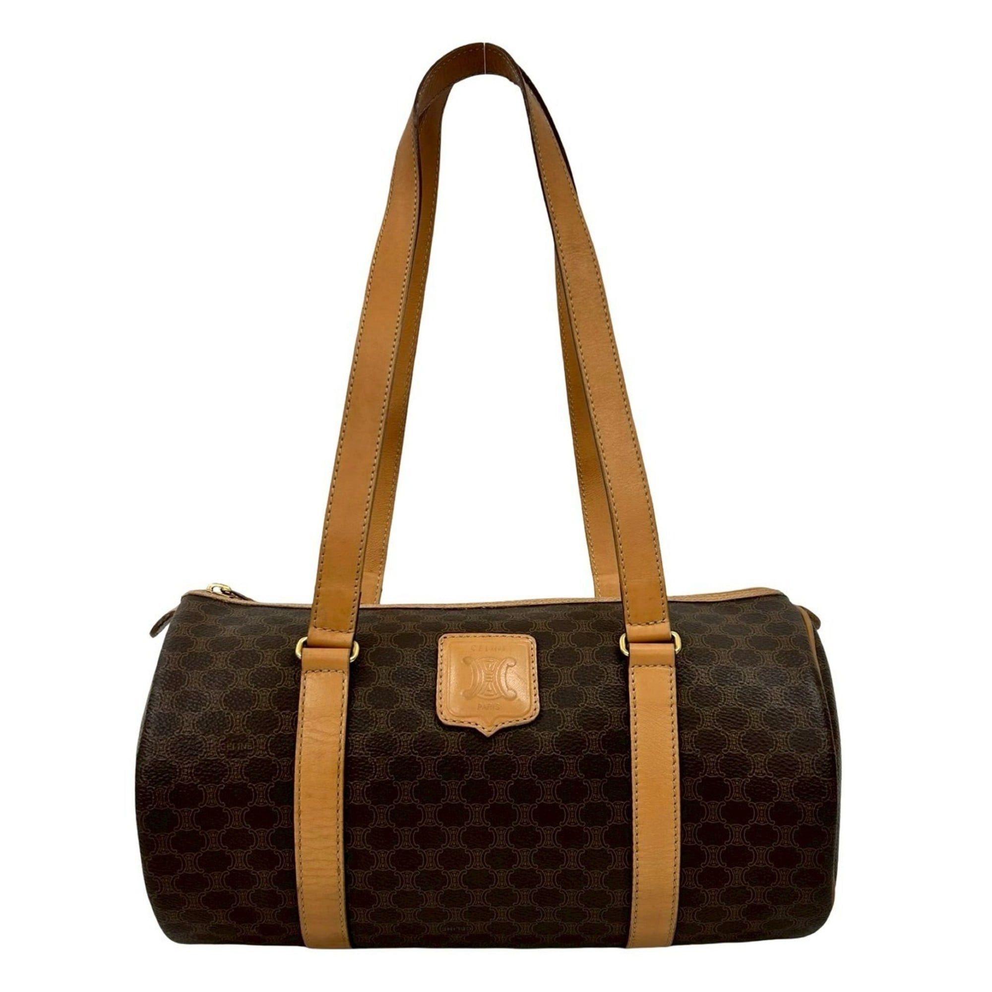 CELINE Macadam Logo Blason Leather Handbag/Mini Boston Bag Brown 232-9