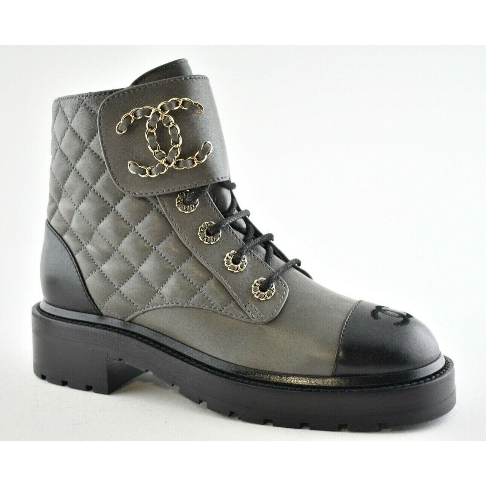 Chanel Chanel 21A Grey Black Quilted CC Chain Combat Lace Up Size US 10.5 / IT 40.5 - 2 Thumbnail