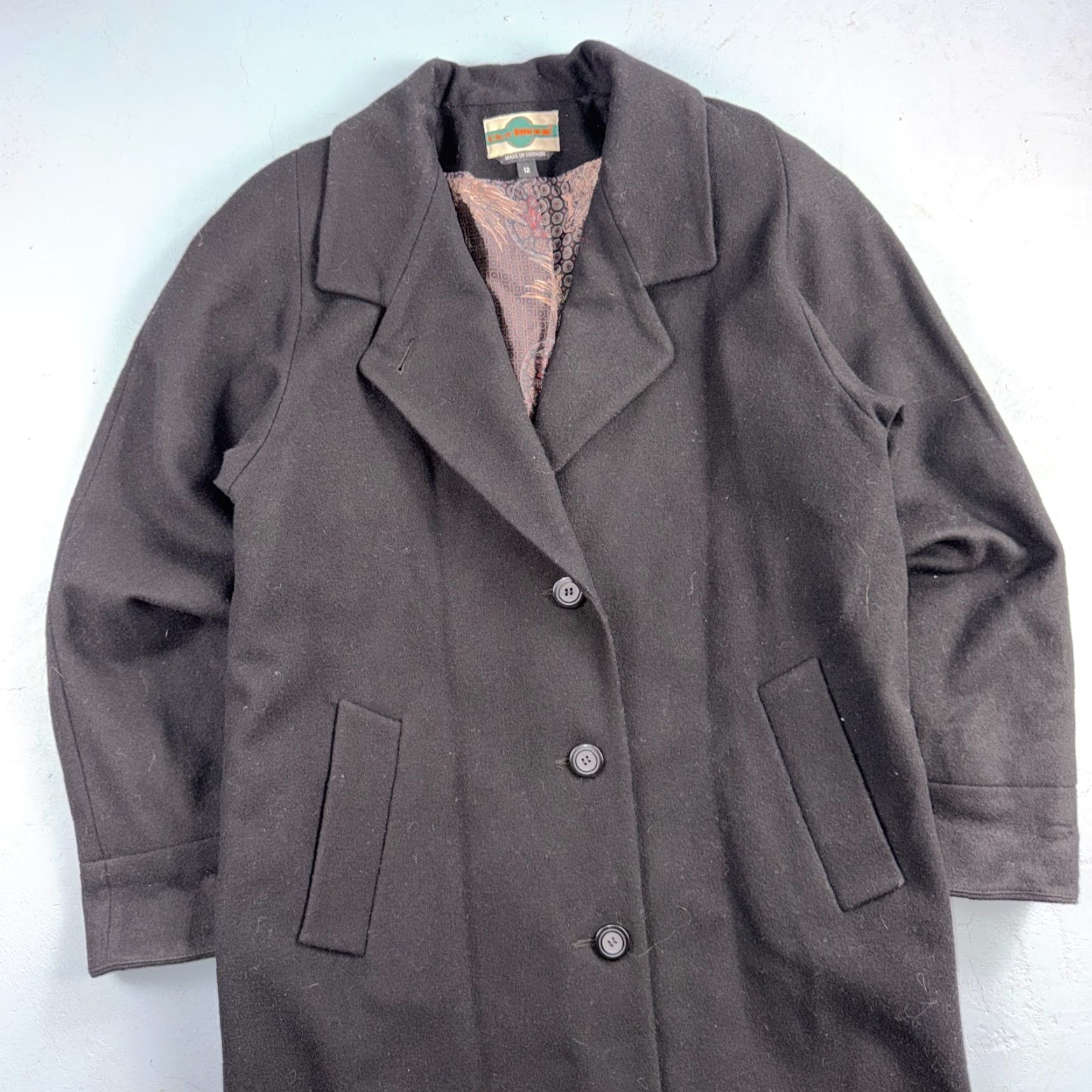 Brooks VINTAGE Out Brook Coat Wool Black Long Button Up Woman's 12 80s 90s City Classic Designer 90s Womens Overcoat Tweed Lined Pockets Buttoned Coat Size XL / US 12-14 / IT 48-50 - 6 Thumbnail