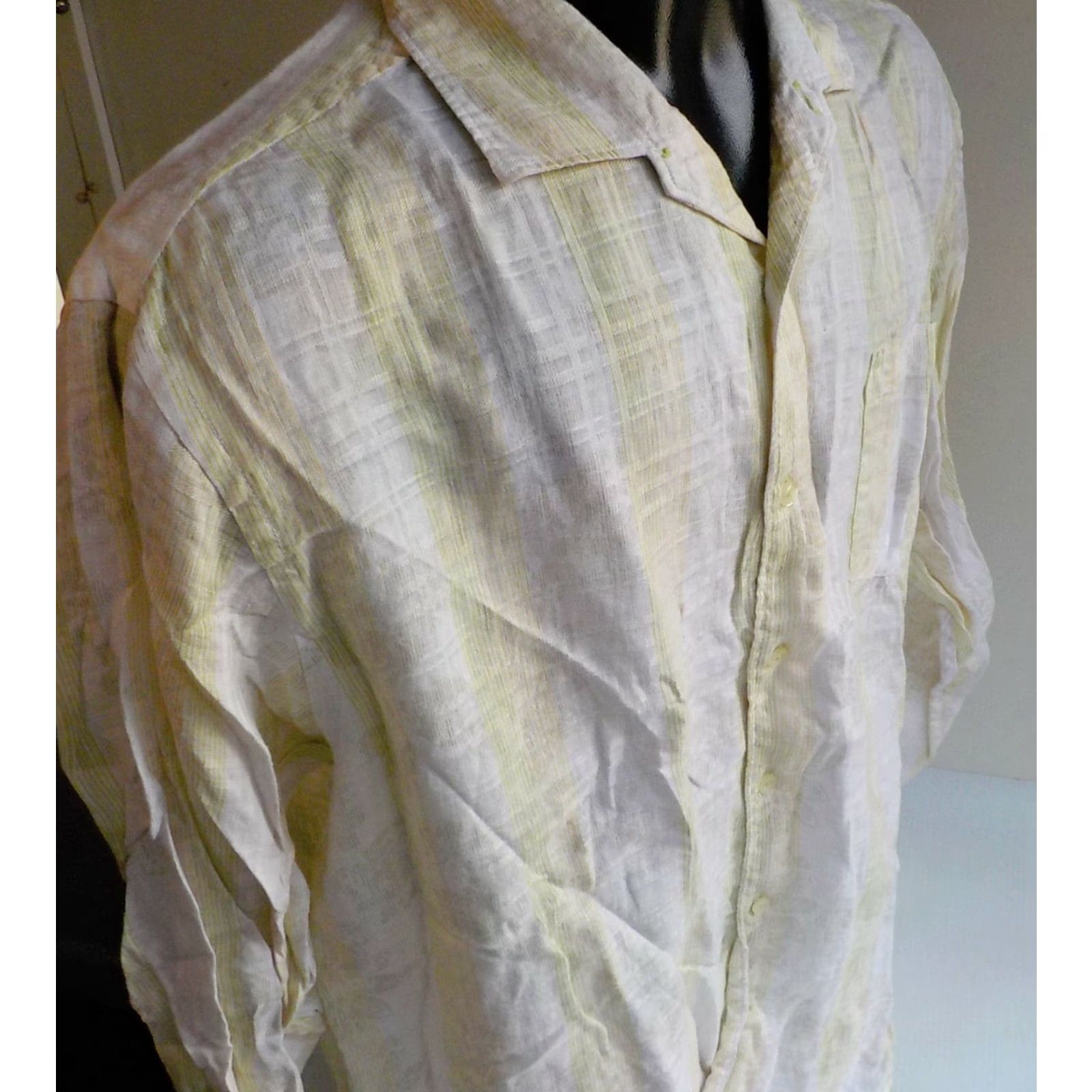 Tommy Bahama TOMMY BAHAMA Shirt XL 100% Linen Long Sleeve Button Front White/Yellow/Green Striped Collar Mens Size US XL / EU 56 / 4 - 3 Thumbnail