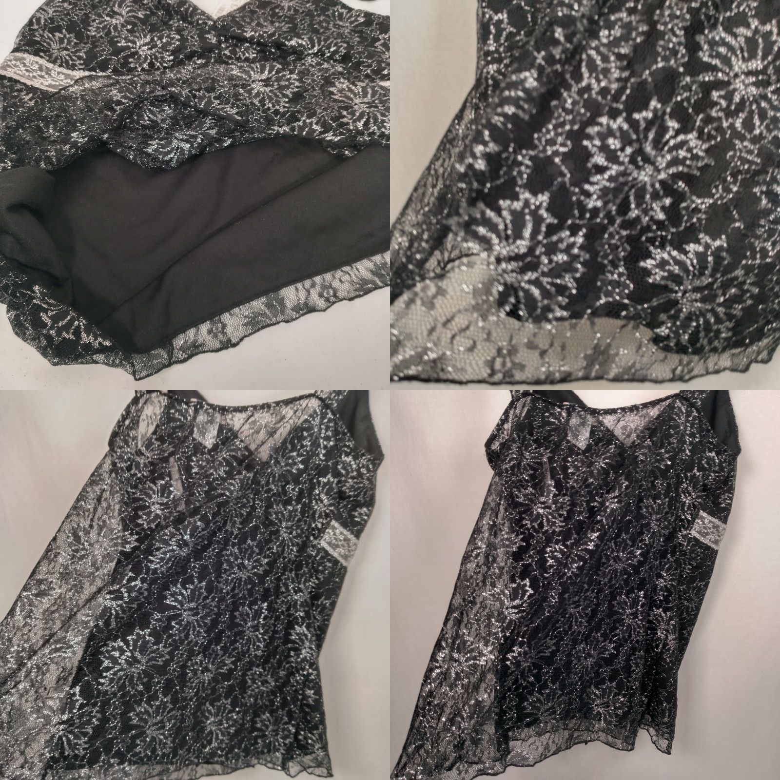 Vintage VINTAGE MKM Designs Lace Cami Tank Top XL Black Floral Silver Metallic USA Camisole Women Tank Top Lace Cami Size XL / US 12-14 / IT 48-50 - 9 Thumbnail