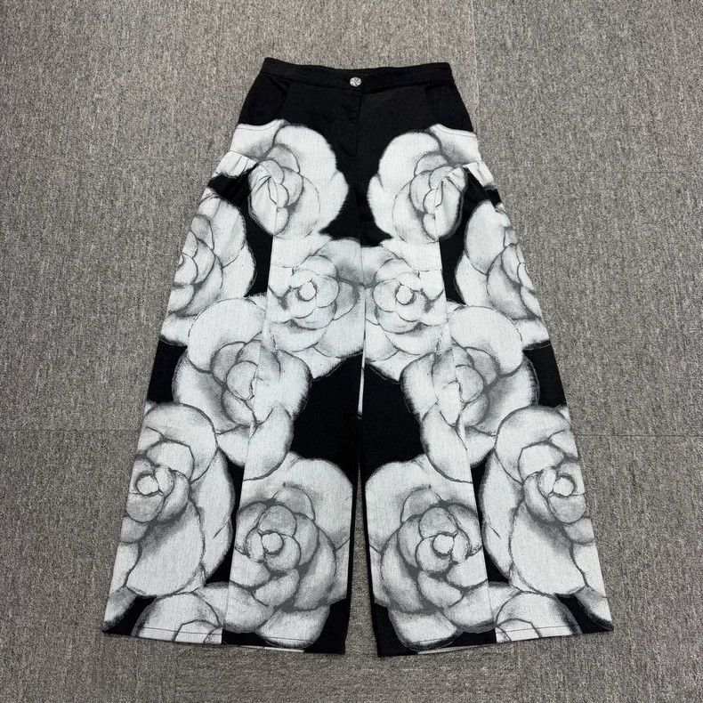 Chanel Flower Print Wide Leg Jeans-dmc