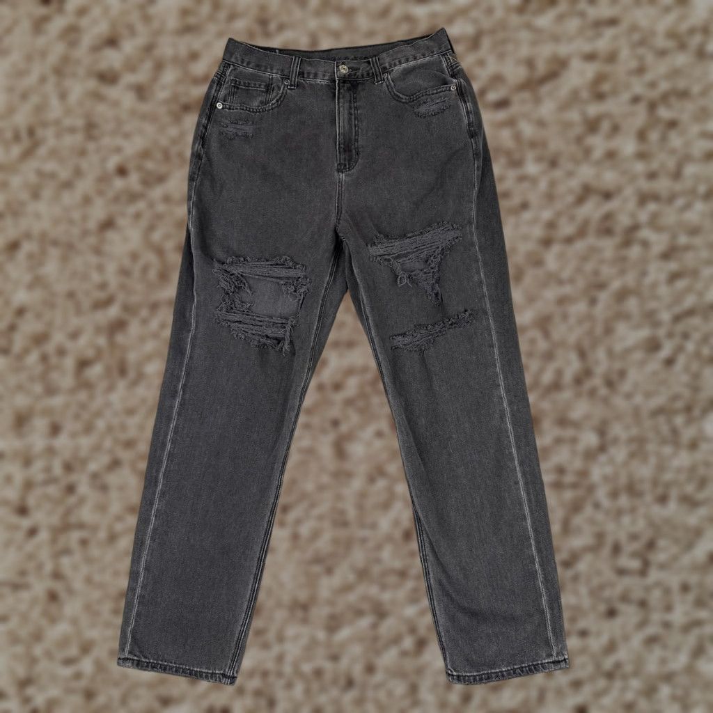 American Eagle Outfitters Mom Jeans Womens 10 Charcoal High Rise Distressed Denim 28x27