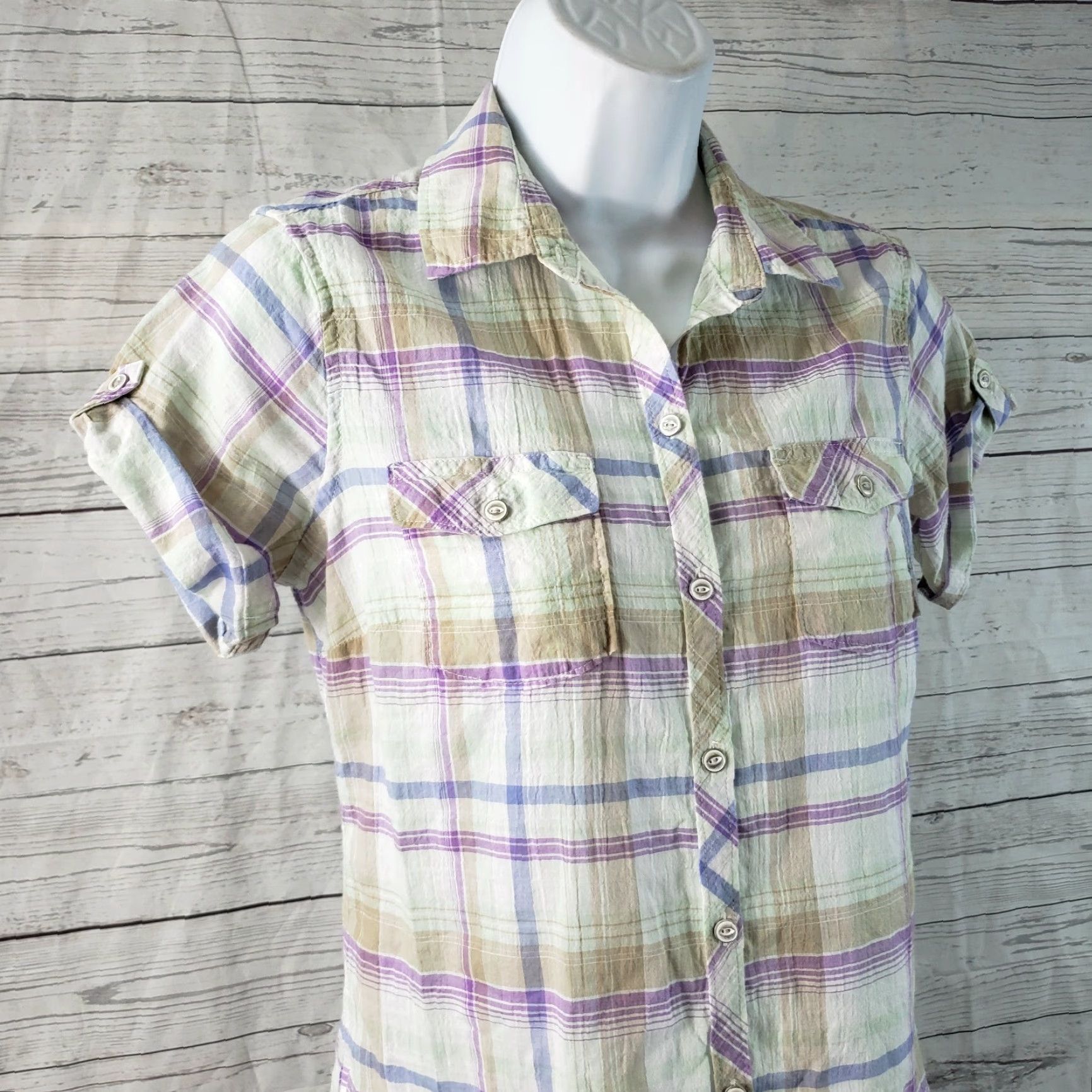 Eddie Bauer Eddie Bauer Button Front Shirt XS Womens Plaid Cotton Blend Green Purple Shaped Fit Short Sleeve Collared Button-Up Vintage No Size XS / US 0-2 / IT 36-38 - 2 Thumbnail