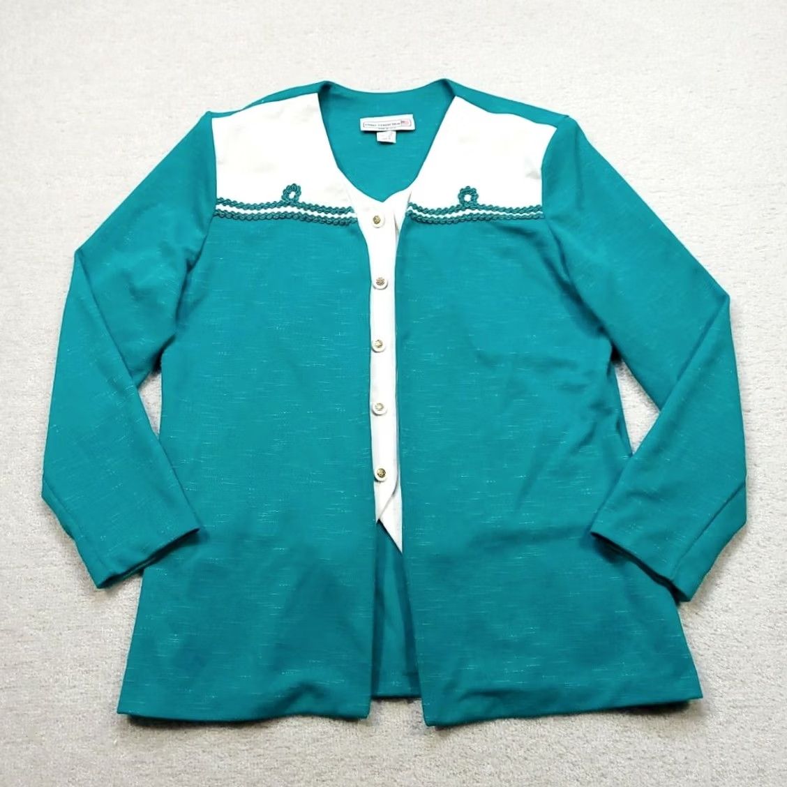 Vintage VINTAGE Pablo Collection Blouse Shirt Women's 16 Teal Blue 1980s USA Made Secretary/Geek Embellished Front-Shoulder Pads Mens/ Womens Size XXL / US 16-18 / IT 52-54 - 2 Thumbnail