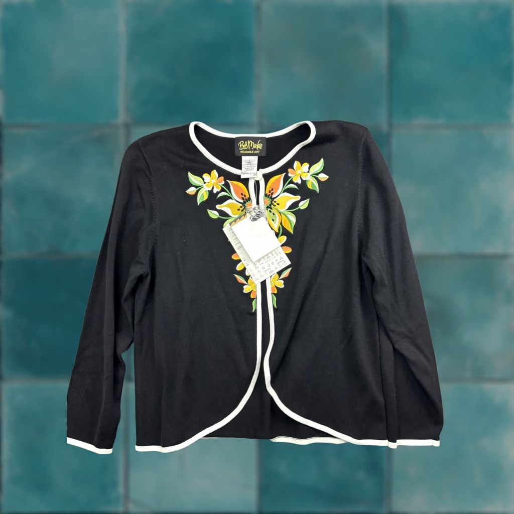 Bob Mackie Bob Mackie Wearable Art Cardigan Womens Large Black Floral Embroidered Sweater Size L / US 10 / IT 46 - 1 Thumbnail