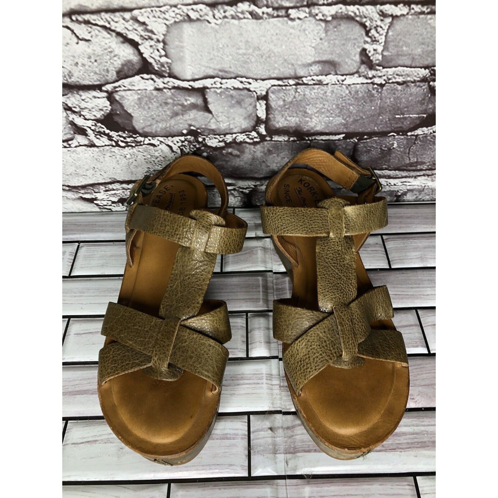 Other Kork-Ease Olive Green Leather Platform Wedge Ankle Strap San Size US 6 / IT 36 - 19 Thumbnail