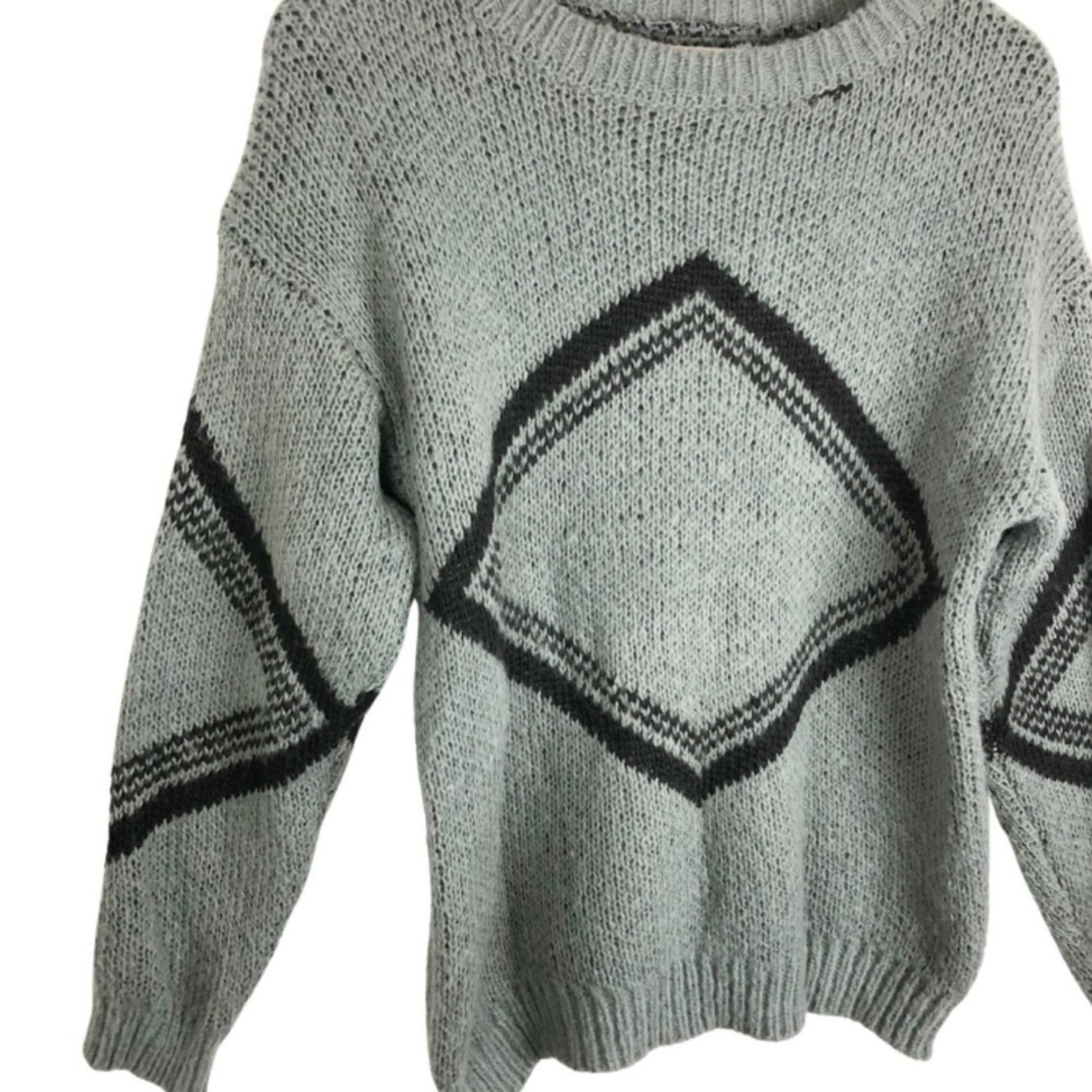 Other Handmade Knit Women’s Grey Geometric Retro Pullover Sweater Size L / US 10 / IT 46 - 3 Thumbnail