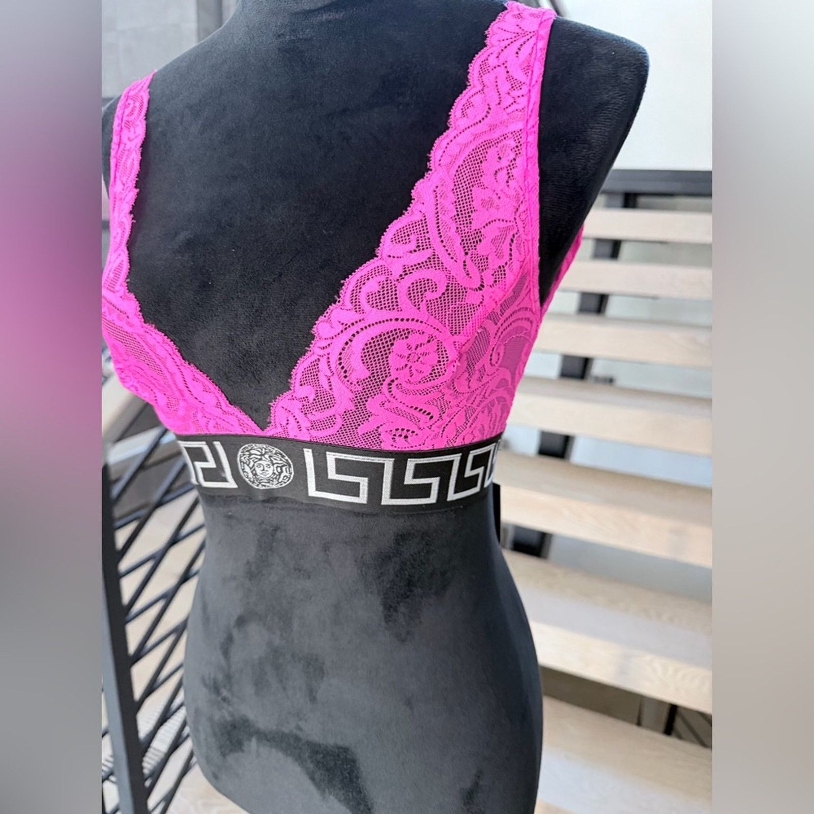 Versace Versace Fuchsia Lace Bra with Black Band size S Size ONE SIZE - 4 Thumbnail