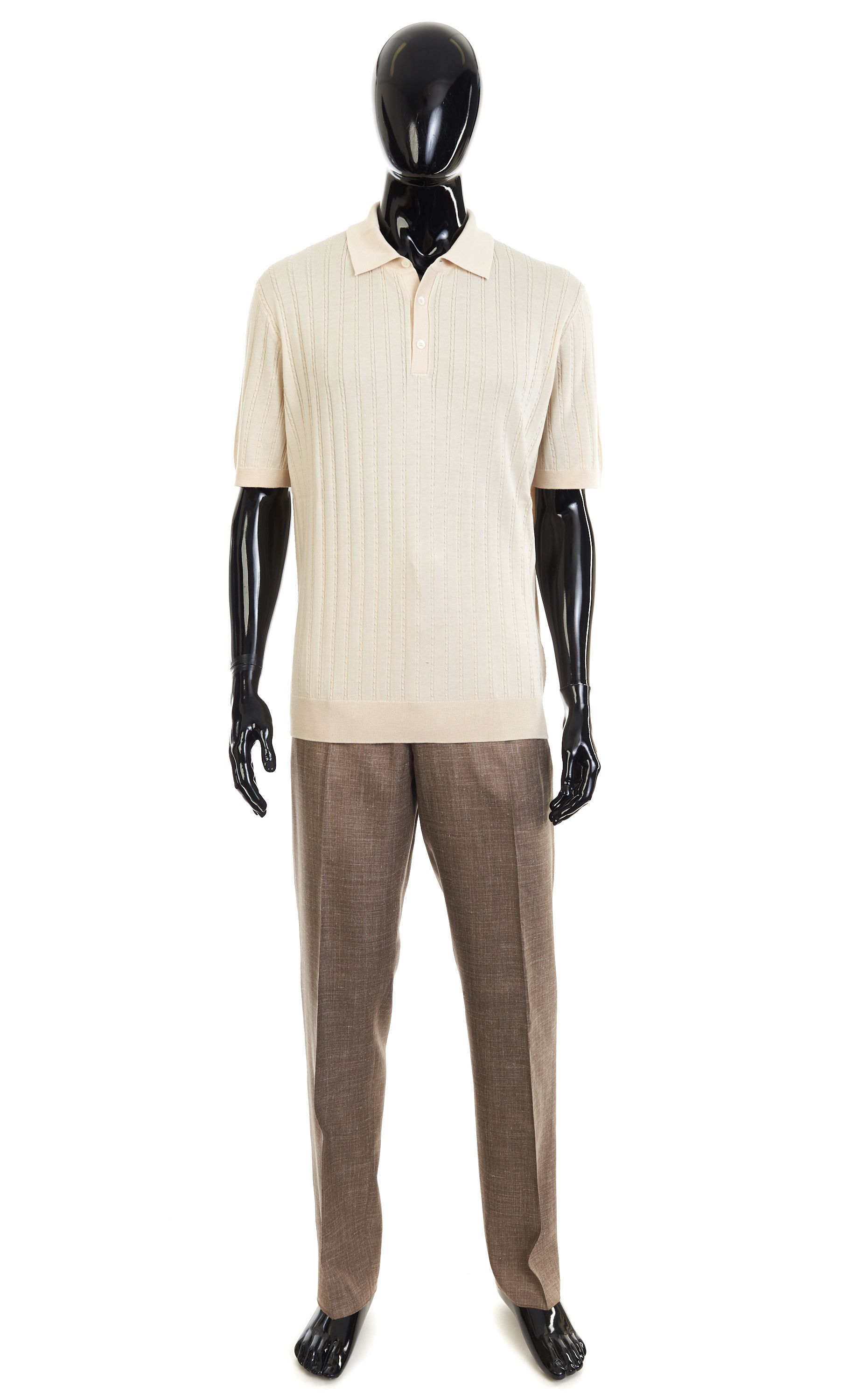 Other Brett Johnson Sand Brown Silk & Cotton Cable Knit Polo Shirt Size US M / EU 48-50 / 2 - 2 Thumbnail