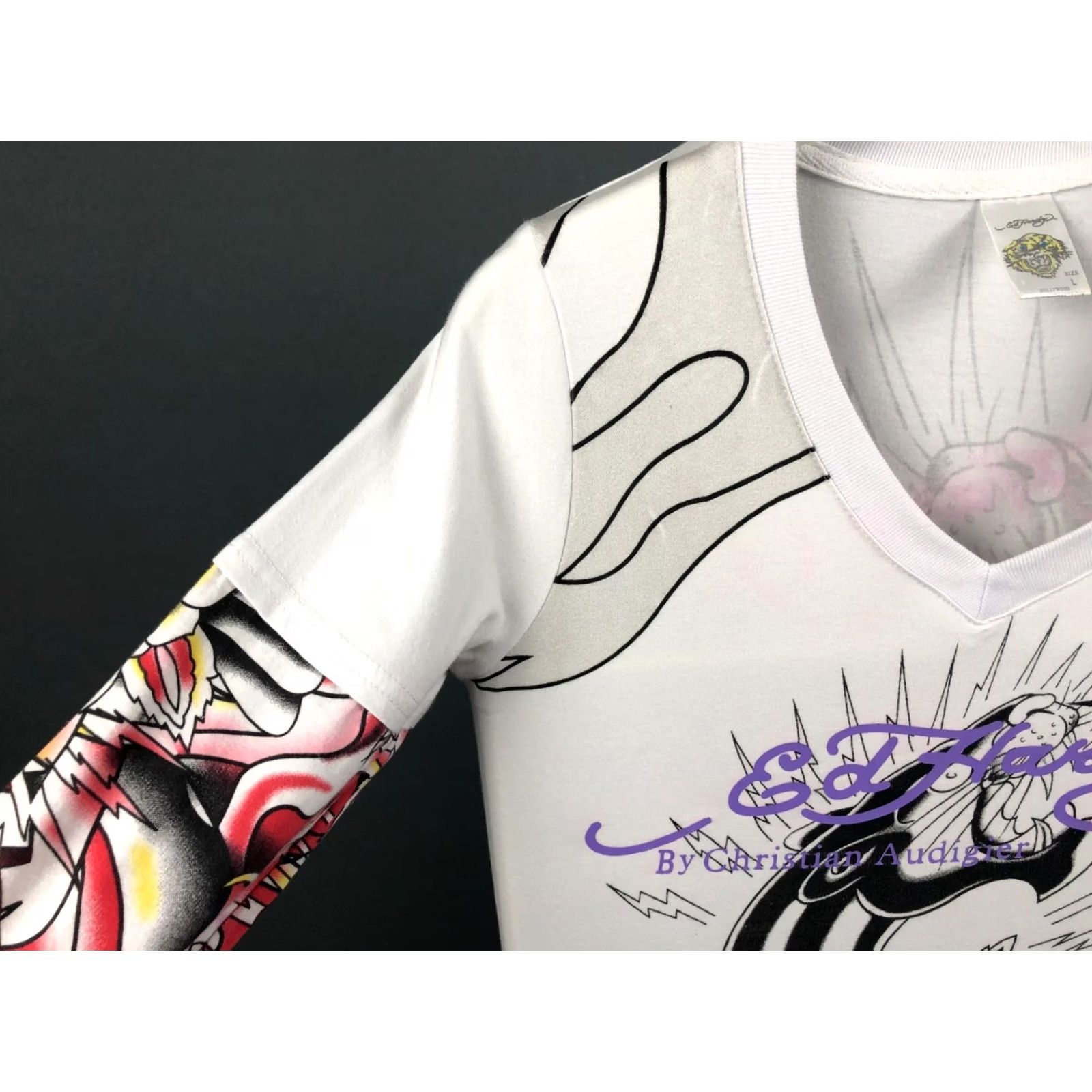 Ed Hardy Ed Hardy Women's T-Shirt Size L White 100% Cotton Long Sleeve V-Neck Rhinestone Signature Logo Rose Casual Shirt Womens Size L / US 10 / IT 46 - 5 Thumbnail