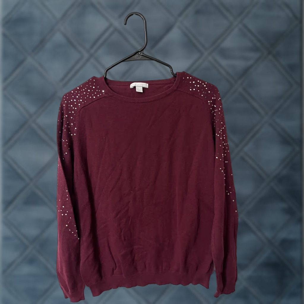 Vintage New York & Company Women’s Burgundy Rhinestone Bling Knit Pullover Sweater Long Sleeve Round Neck L Fall/Winter Size L / US 10 / IT 46 - 1 Thumbnail