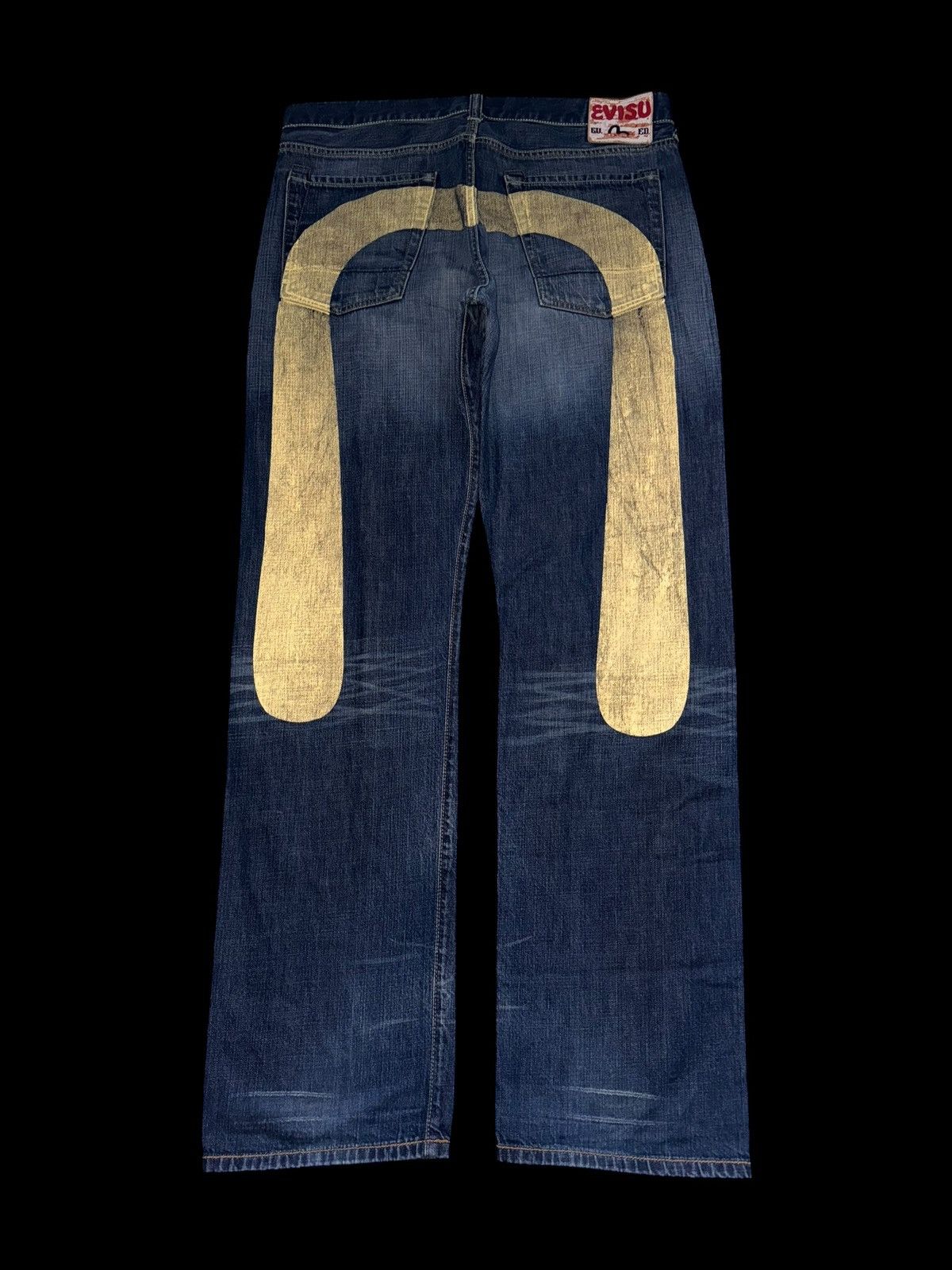 Evisu Baggy Navy Denim Jeans Yellow Daicock Big Logo Y2K