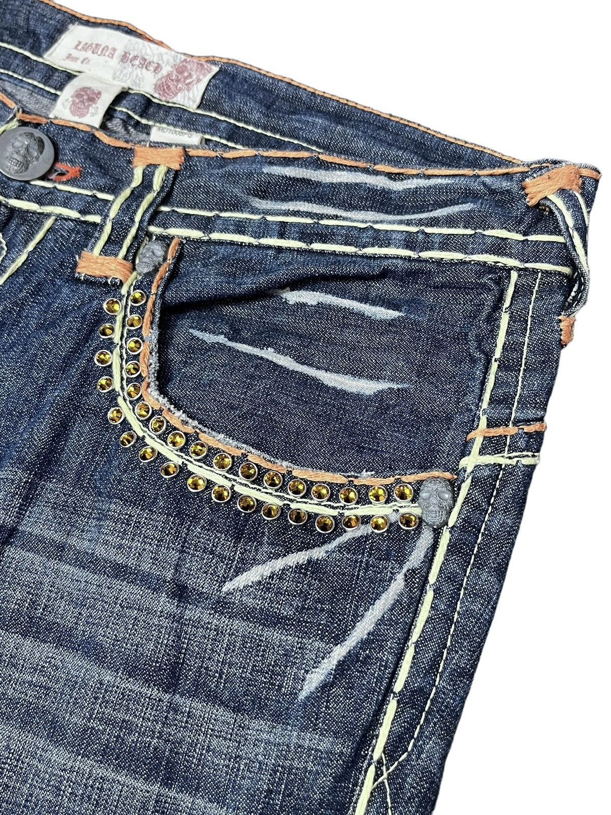 Vintage LAGUNA BEACH Big Stitch Gemstone Studded Skull Button Denim Size US 35 - 9 Thumbnail