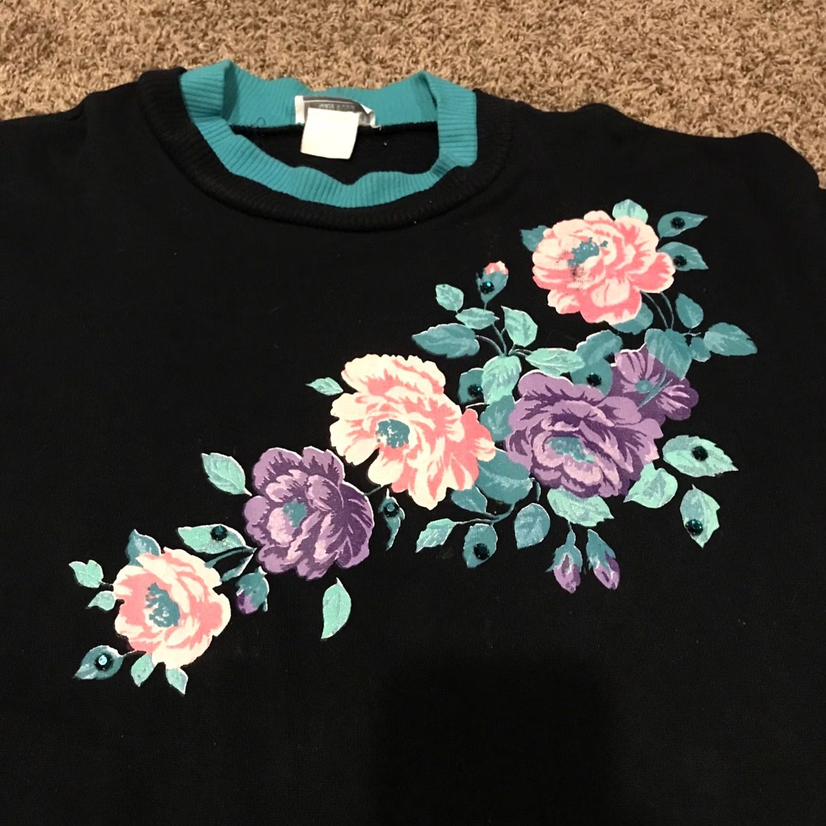 Vintage VINTAGE Appel Sweatshirt Womens XL Black Floral Sweater Pullover Crew Neck 90s Classic Knit Long Sleeve Mens? Womens Size XL / US 12-14 / IT 48-50 - 2 Thumbnail