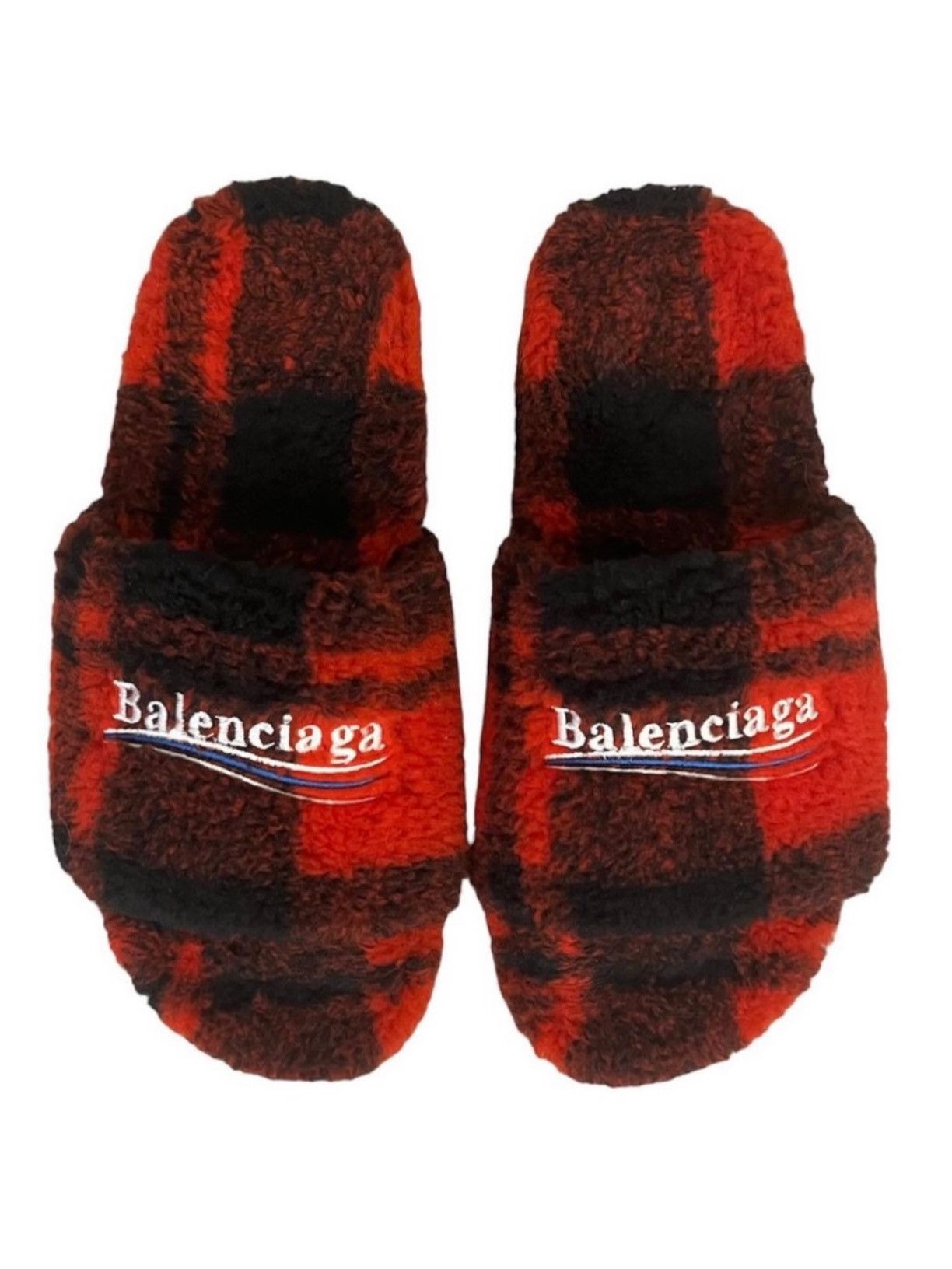 Pre-owned Balenciaga Red Plaid Fur Sandals