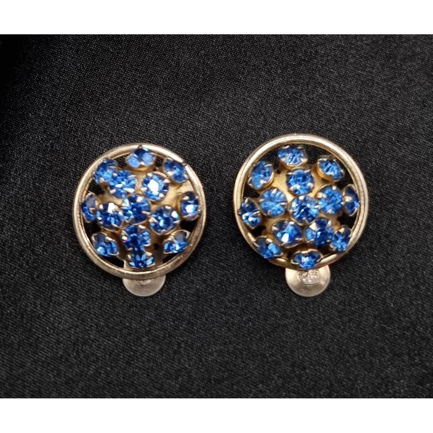 Vintage Vintage 1960's Blue Rhinestone Gold-Tone Clip-On Earrings Size ONE SIZE - 3 Thumbnail