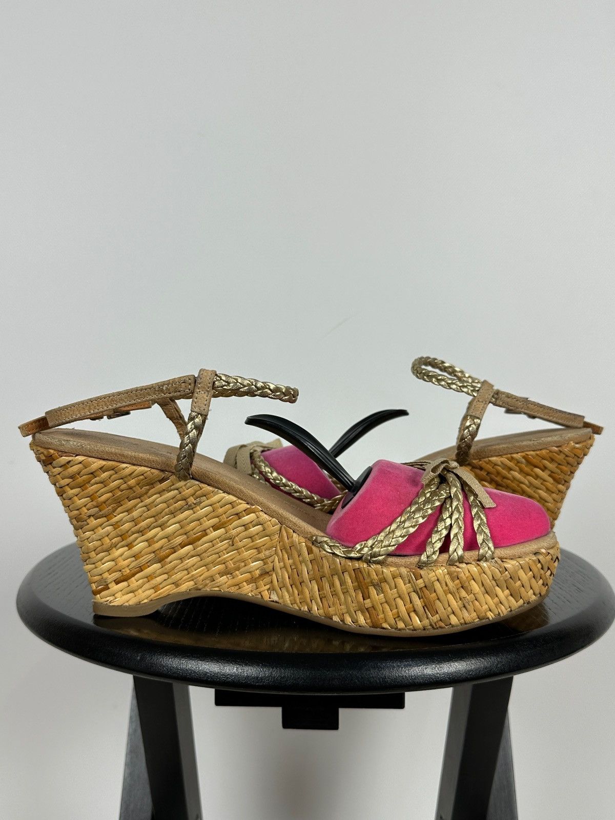 Prada Prada Braided Leather Woven Raffia Wedge Ankle Strap Sandals Size US 9.5 / IT 39.5 - 8 Thumbnail
