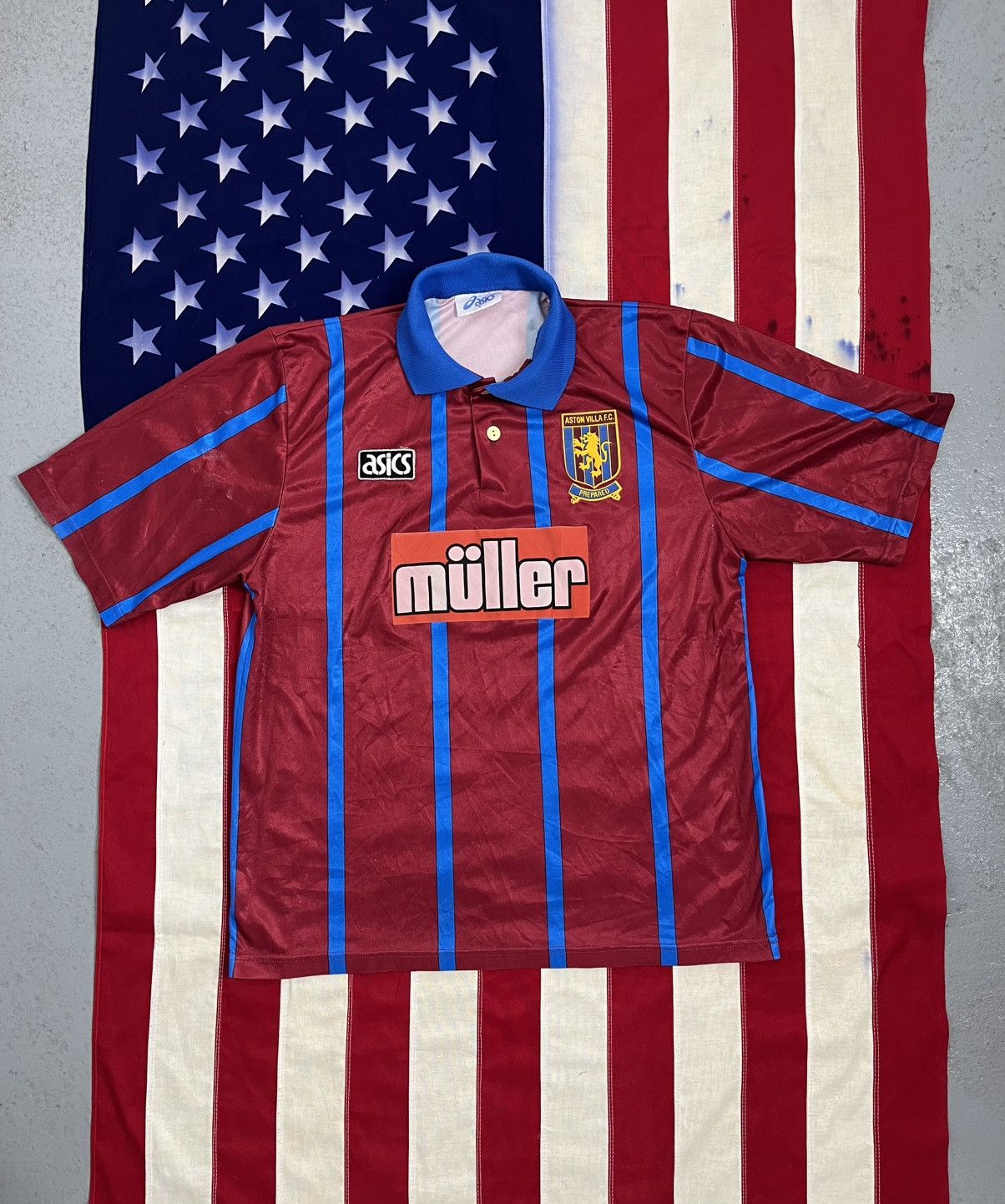 Asics VTG 90s Asics Aston Villa Müller Home Soccer Jersey Red Blue Size US L / EU 52-54 / 3 - 1 Thumbnail