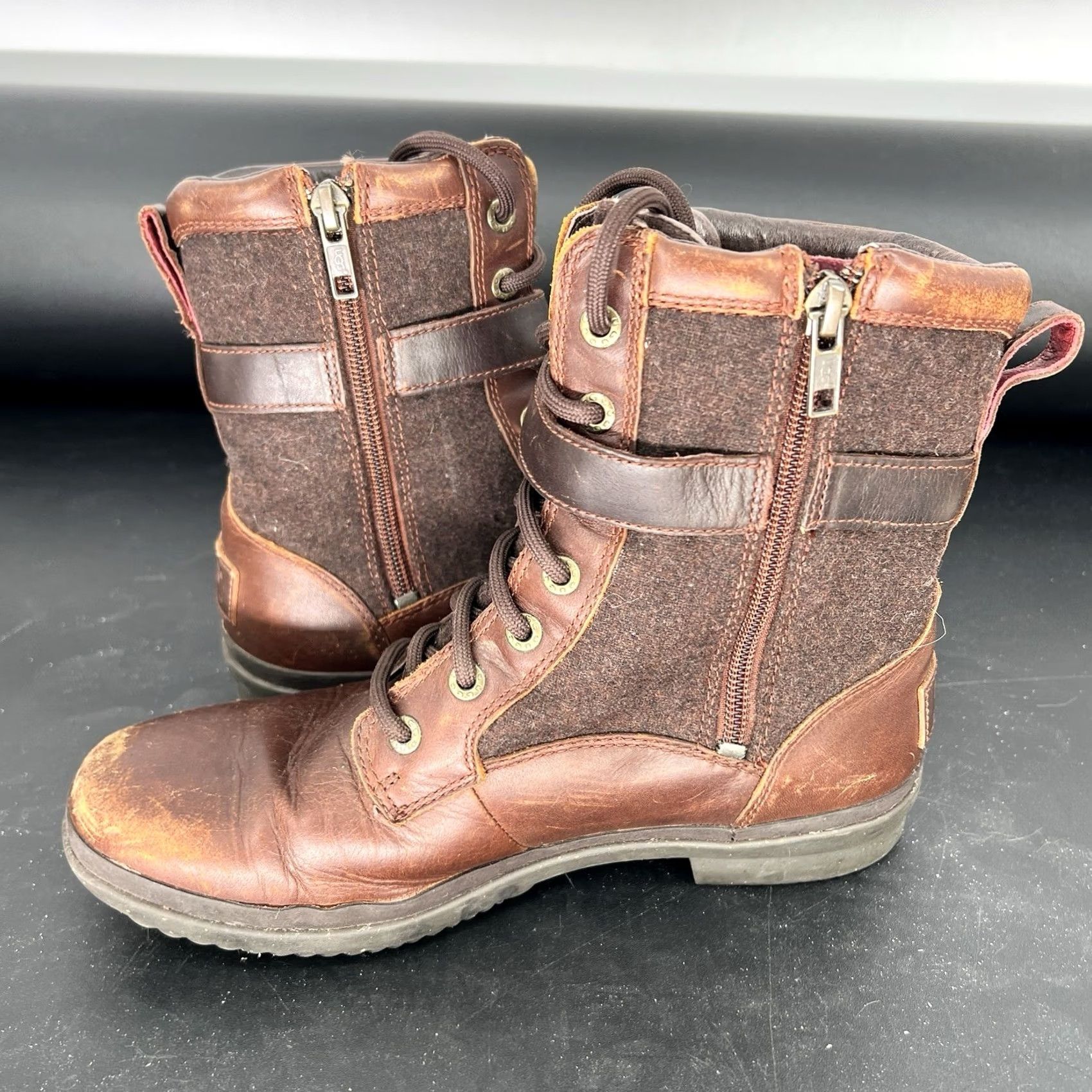 Ugg UGG Australia Kesey Women's Boots Brown Leather Sheepskin Lined Zip Ankle Town 7 Women Combat Waterproof Round Toe Buckle Logo Block Heel 1-1.9in Size US 7 / IT 37 - 6 Thumbnail