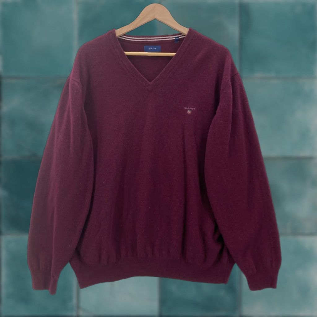 Gant Gant Sweater Mens 4XL Burgundy Super Fine Lambswool V Neck Logo Knit Pullover Size US XXL / EU 58 / 5 - 1 Thumbnail