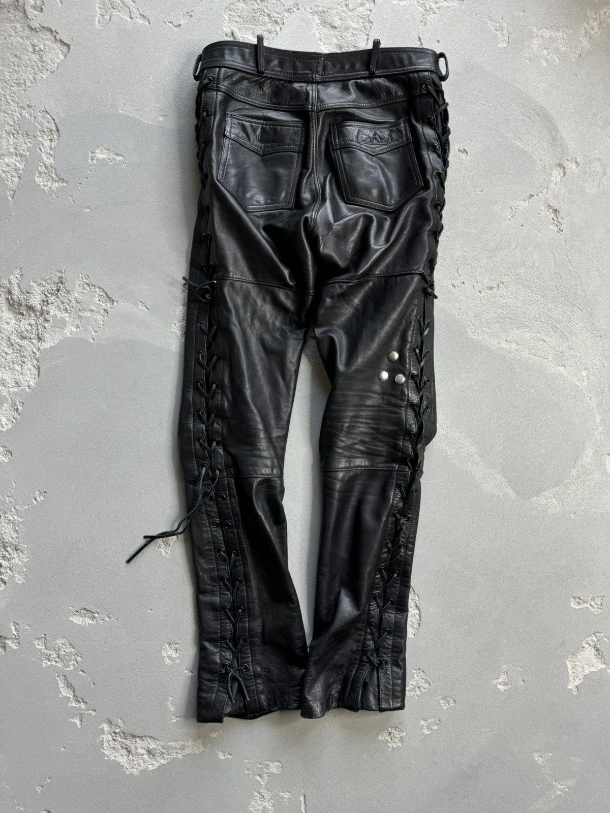 Leather Vintage Real Leather Cowhide Side Laces Biker Pants 7298AC Size US 32 / EU 48 - 4 Thumbnail