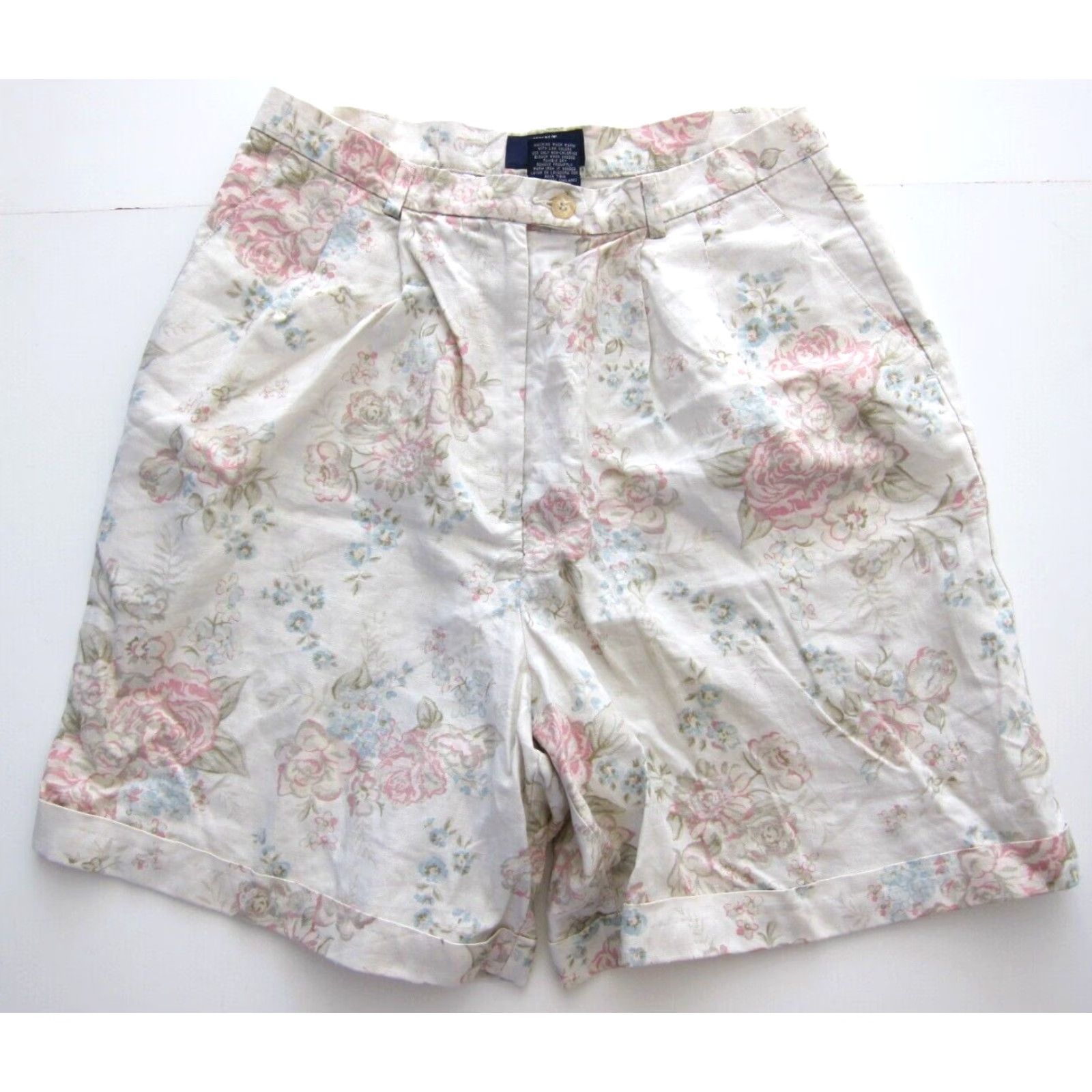 Vintage VINTAGE Hunt Club Bermuda Short 12 100% Linen Ivory Pink Blue Floral High Rise Pleated Womens Size 34" / US 12 / IT 48 - 2 Thumbnail