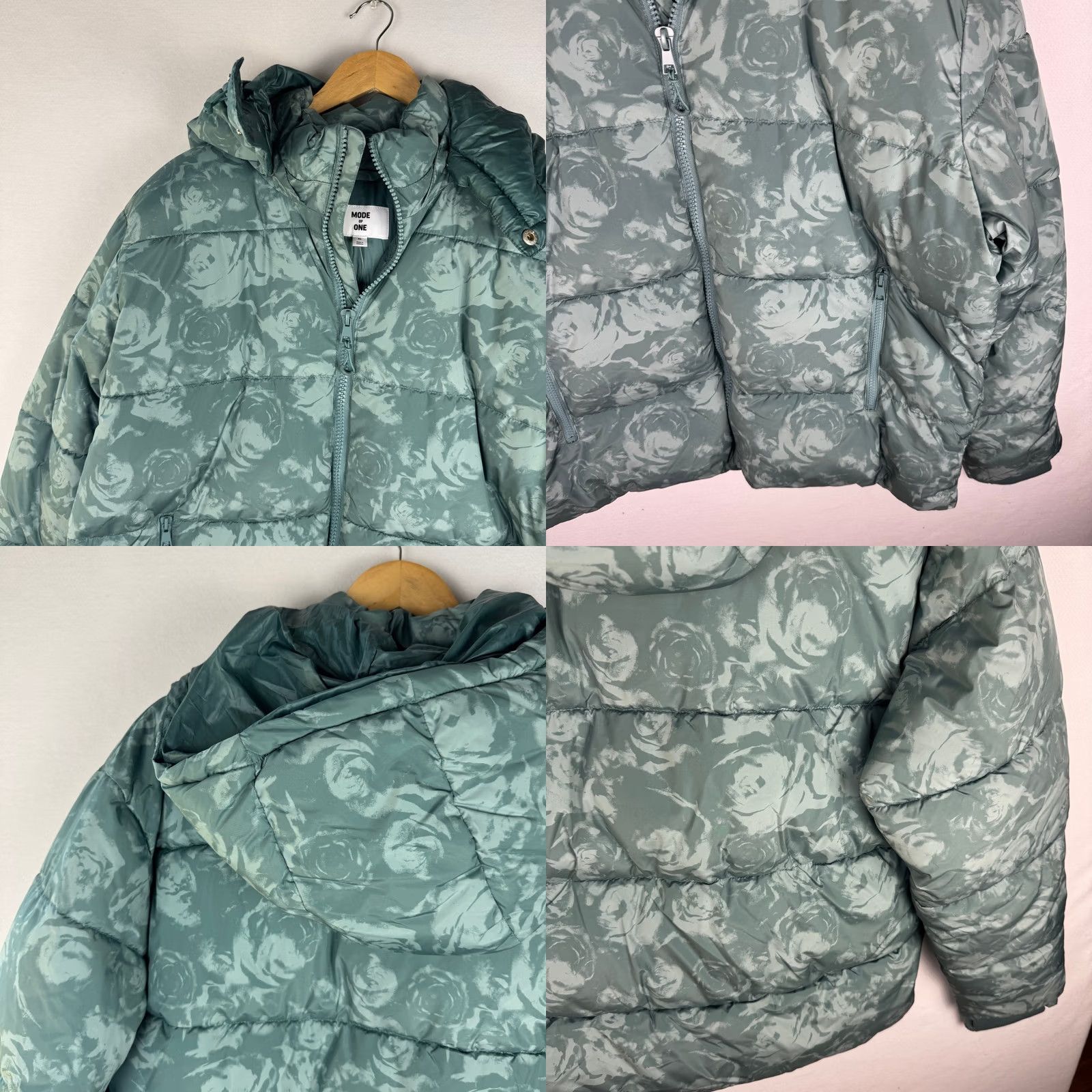 Vintage Mode of One Puffer Jacket Mens Hooded XL Teal Green Floral Rose Print New Size US XL / EU 56 / 4 - 8 Thumbnail