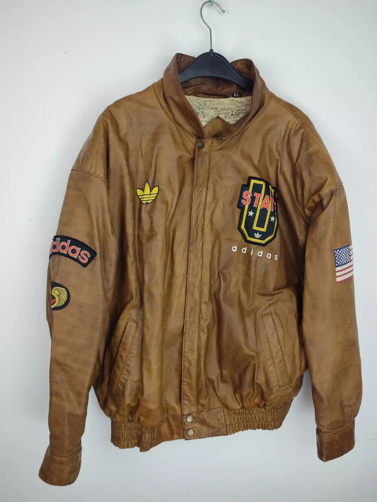 image of Vintage Adidas Olympia 80's American Born Usa Leather Jacket in Mustard, Men's (Size XL)