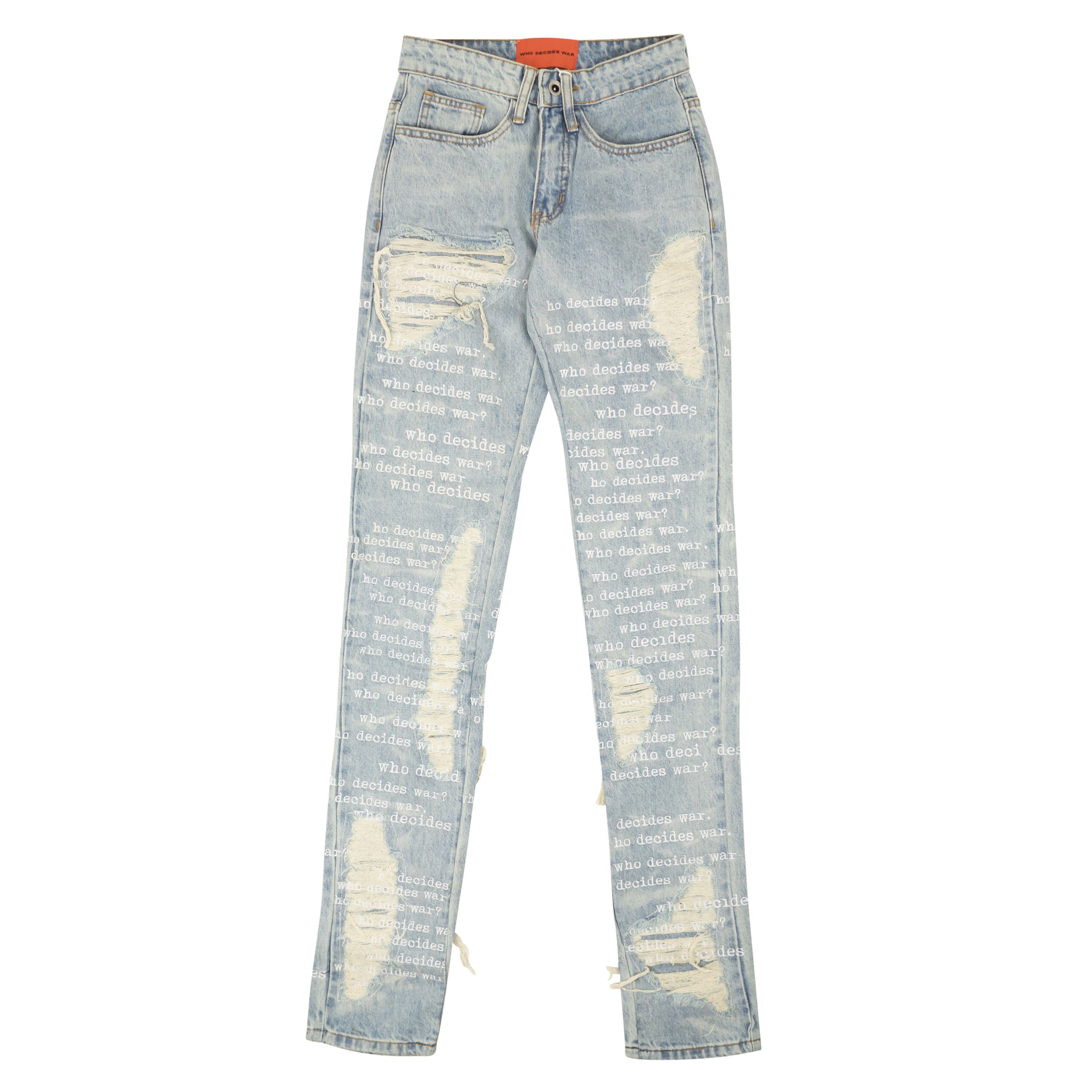 image of Who Decides War Blue Scripture Embroidered Denim Jeans Size 24, Men's