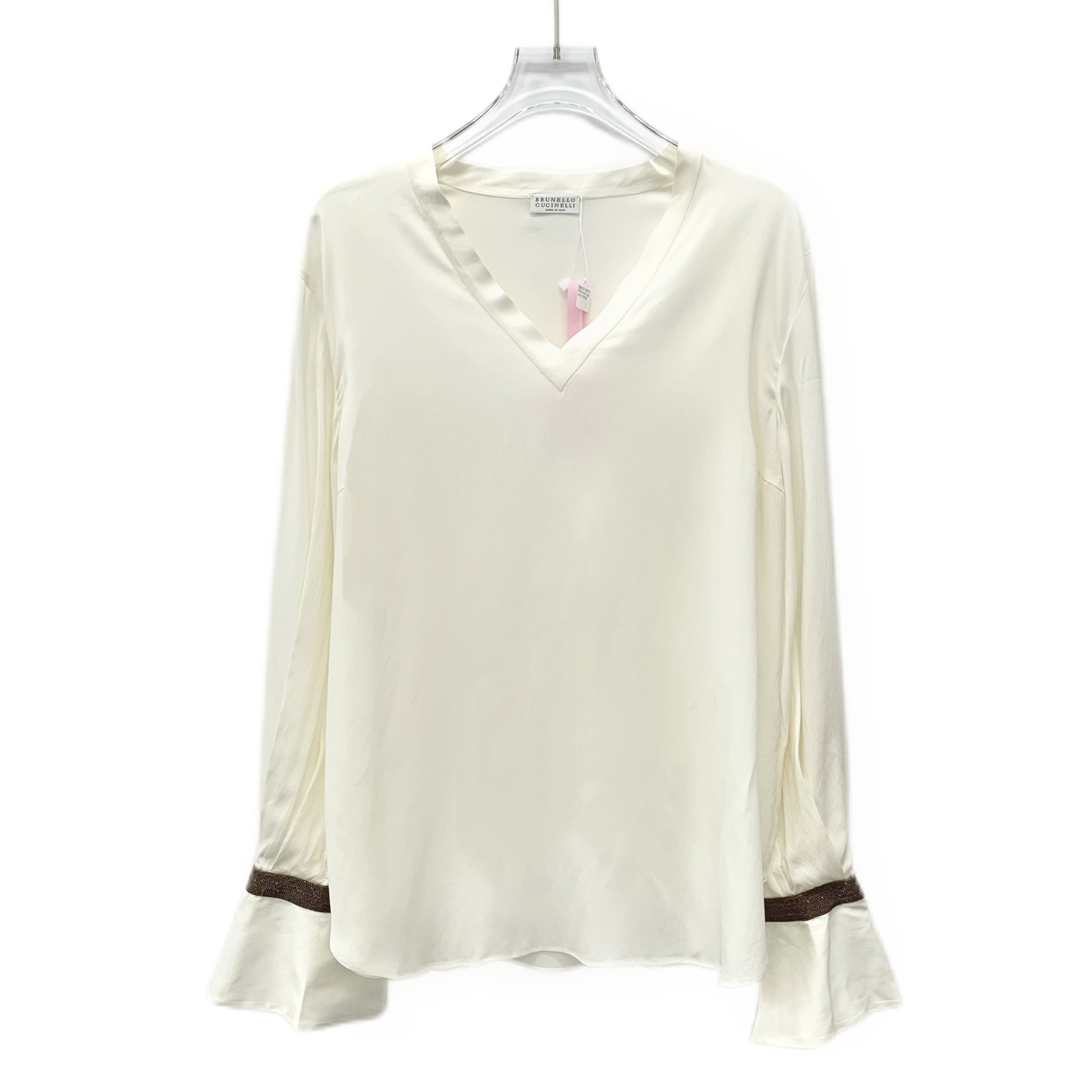 Brunello Cucinelli CW0378 Brunello Cucinelli V-Neck Cream Silk Blouse Size L / US 10 / IT 46 - 1 Thumbnail