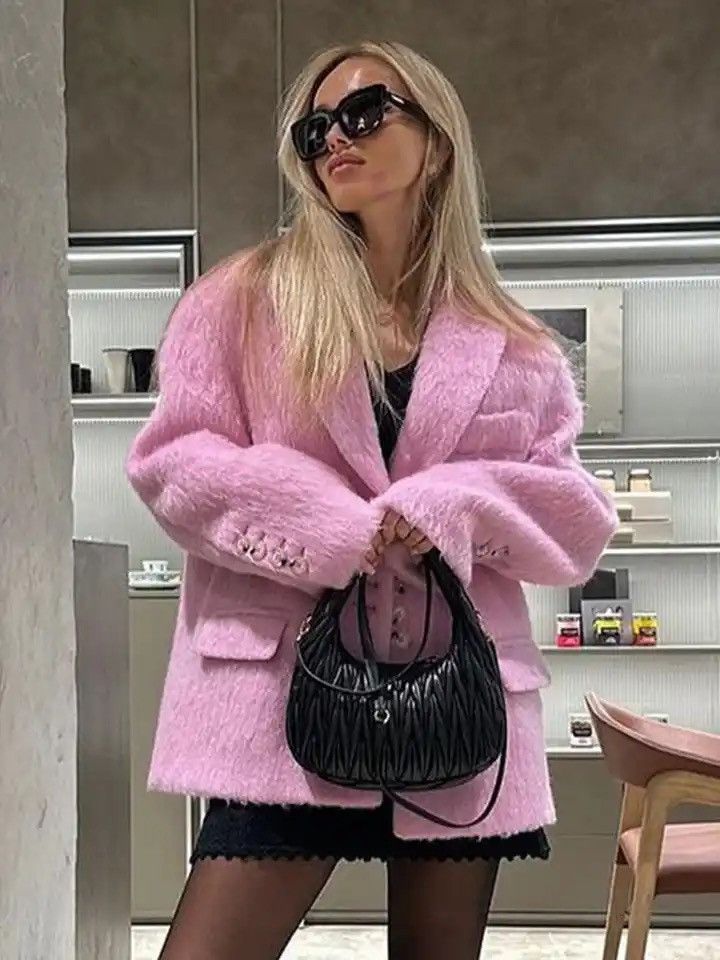 Fashion Solid Plush Lapel Blazer Coat Women Single Breasted