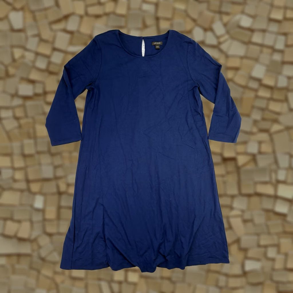 J. Jill J.Jill Dress Shift Knit Navy 3/4 Sleeve Round Neck Knee Length S Stretch Back Pleat Rayon Spandex Size S / US 4 / IT 40 - 1 Thumbnail