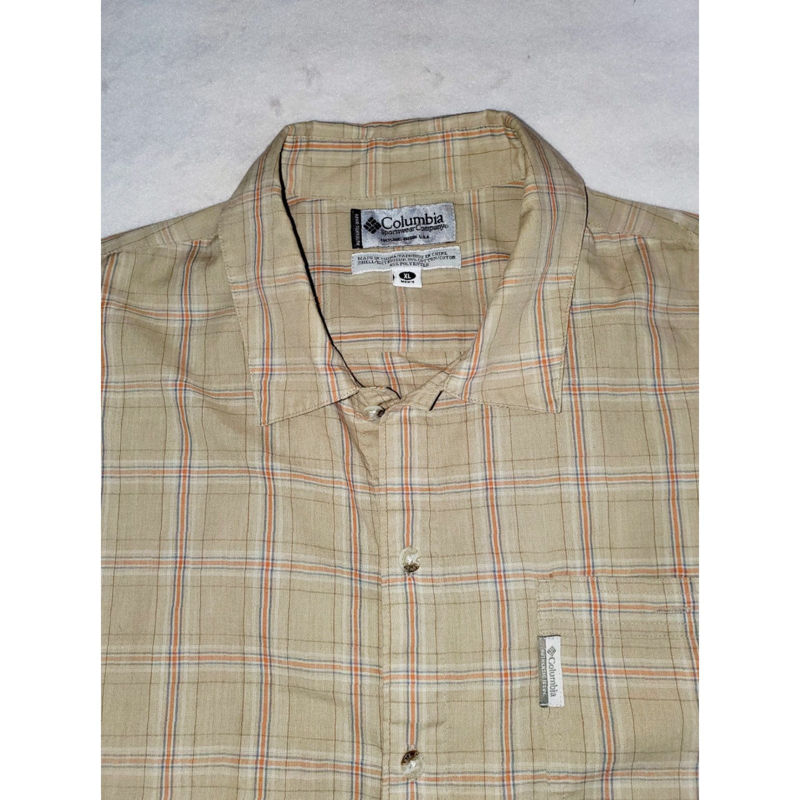 Vintage Columbia Shirt Button Down Short Sleeve Plaid Beige Polyester XLarge Men Size US XL / EU 56 / 4 - 2 Thumbnail