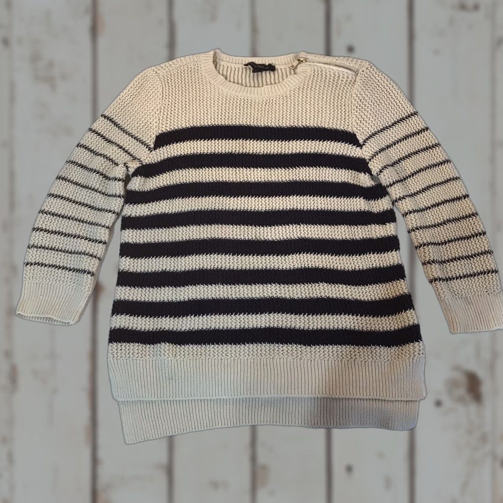 Ann Taylor Ann Taylor Striped Open Knit Sweater Womens Size L Beige/Black 3/4 Sleeve Lightweight Casual Workwear Size L / US 10 / IT 46 - 1 Thumbnail