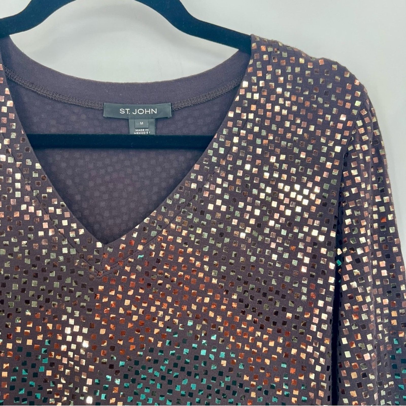 St. John St.John V-Neck Sequins Embroidered T-Shirt Blouse Top Jersey Size M / US 6-8 / IT 42-44 - 4 Thumbnail