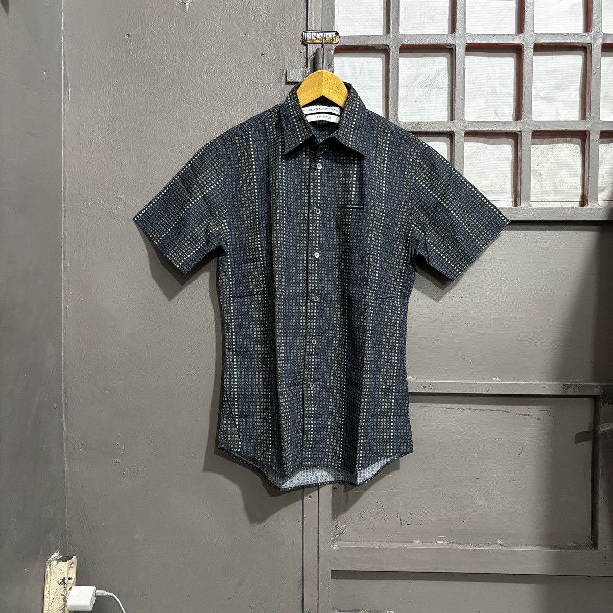 Saint Laurent Jeans YSL vtg mens Blue Plaid Short Sleeve