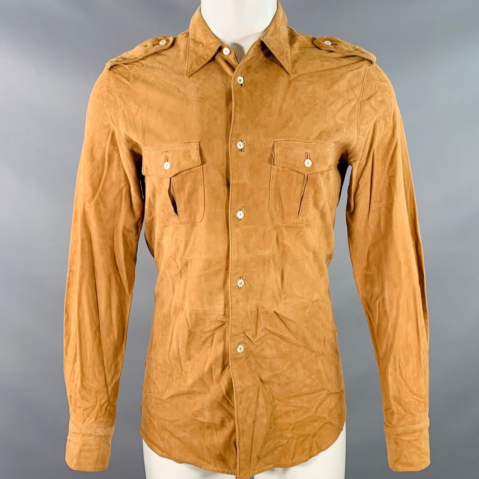 Dolce & Gabbana Camel Suede Military Two Pockets Epaulets Long Sleeve Shirt Size US XS / EU 42 / 0 - 1 Thumbnail