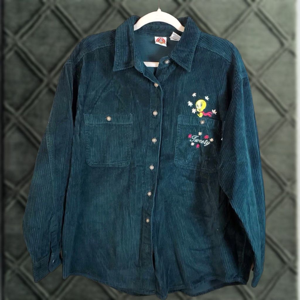 Vintage VINTAGE Tweety Bird Green Corduroy Button-Down Shacket Shirt Jacket L Womens 90s Casual Fall Winter Size L / US 10 / IT 46 - 1 Thumbnail