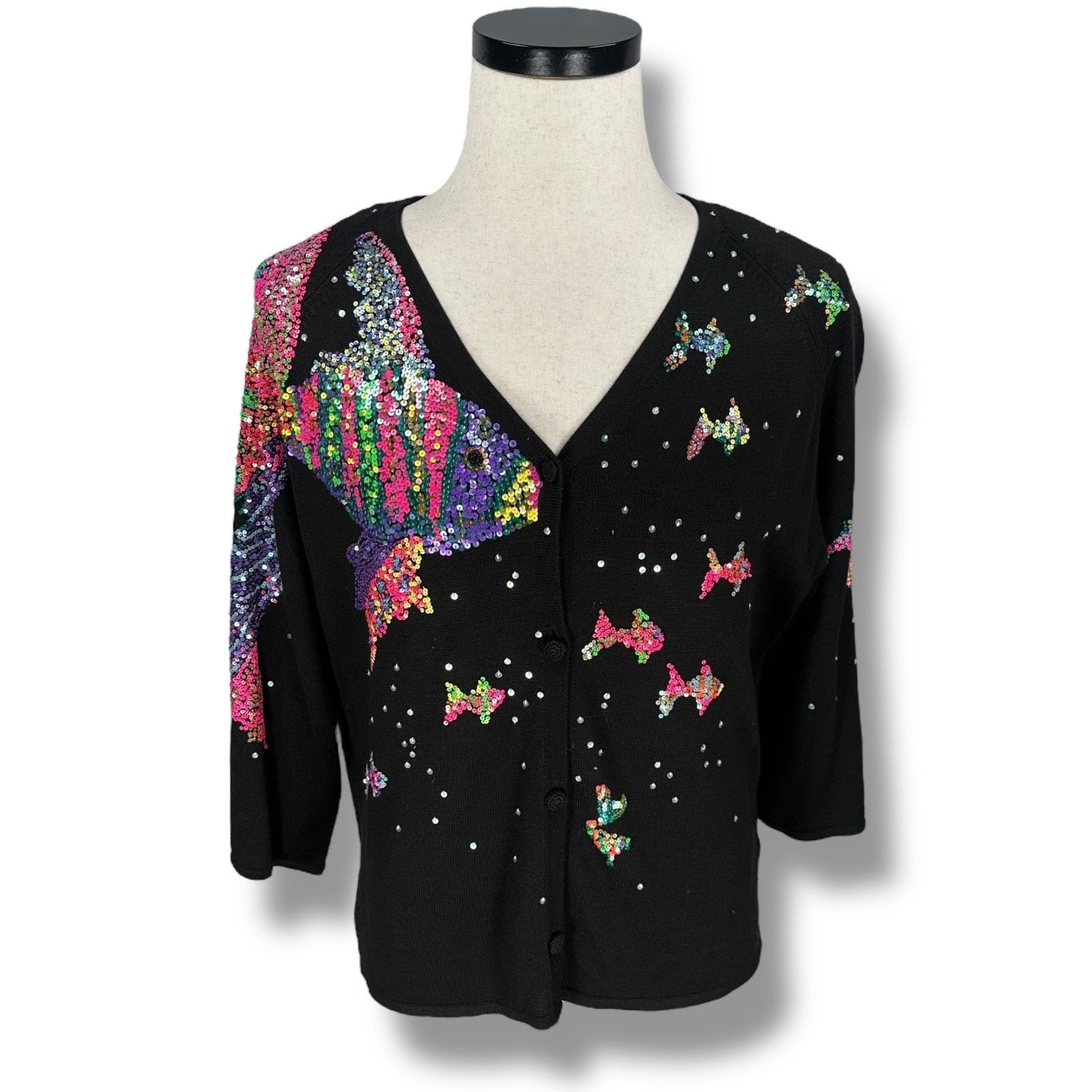 VTG Michael Simon Fish Cardigan Sweater Women XL Silk Black