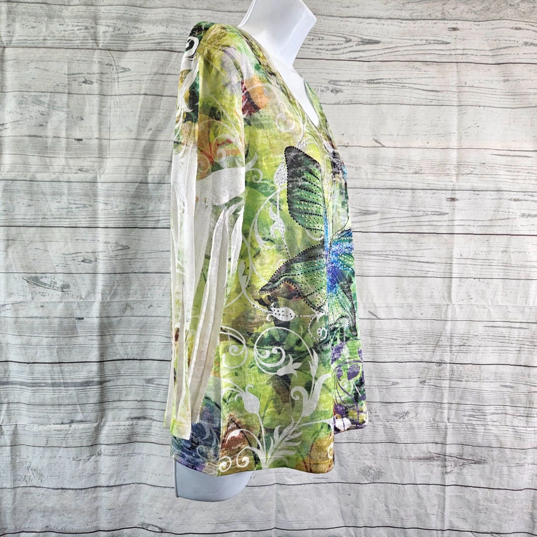 Vintage Jess & Jane Womens Burnout Top Sz Large Green Blue Butterfly Embellished T-Shirt 3/4 Sleeve Womens Size L / US 10 / IT 46 - 3 Thumbnail