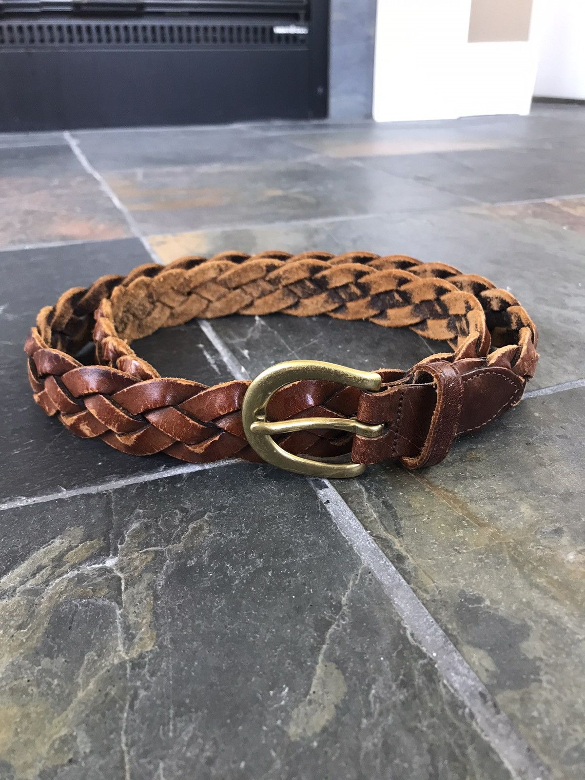 Vintage Jaeger 100% Leather Braided Belt with Brass Buckle, 32 in Classic Braid Belt with Antique Brass O-Rings - w.kleinberg main image 4