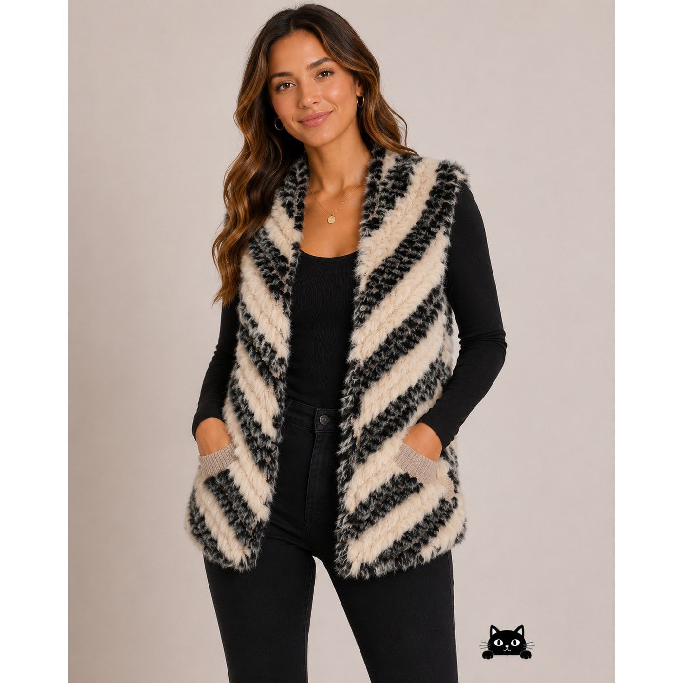 Marc by Marc Jacobs Marc by Marc Jacobs Cream Black Stripe Rabbit Fur Vest OS Size ONE SIZE - 3 Thumbnail