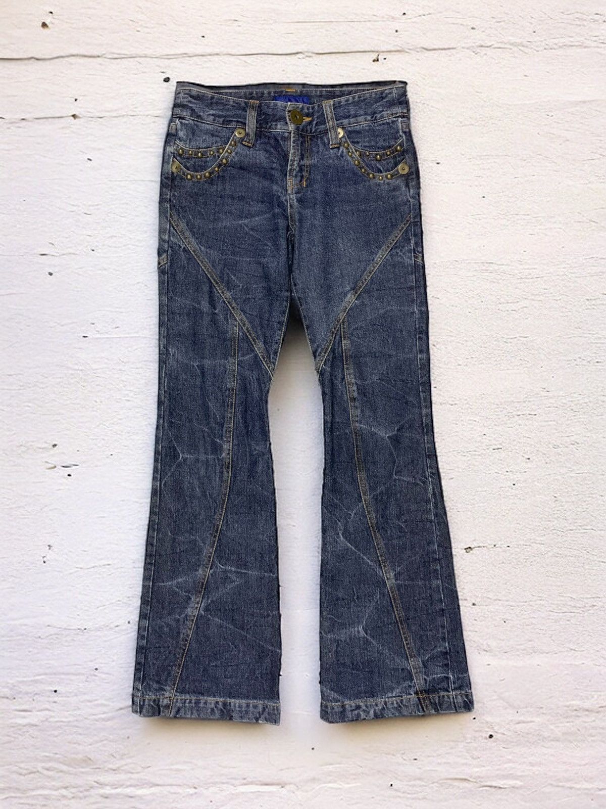 If Six Was Nine × Tornado Mart Azul Pure Japan Flared Geometrical Studded Craft Denim Pants Size US 30 / EU 46 - 3 Thumbnail