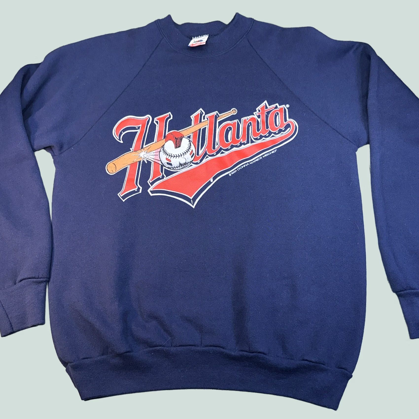 Fruit Of The Loom VINTAGE Fruit of the Loom Crewneck Men L Blue Donna Marie’s Mischief USA 91 Sweatshirt Sweater Size US L / EU 52-54 / 3 - 1 Thumbnail
